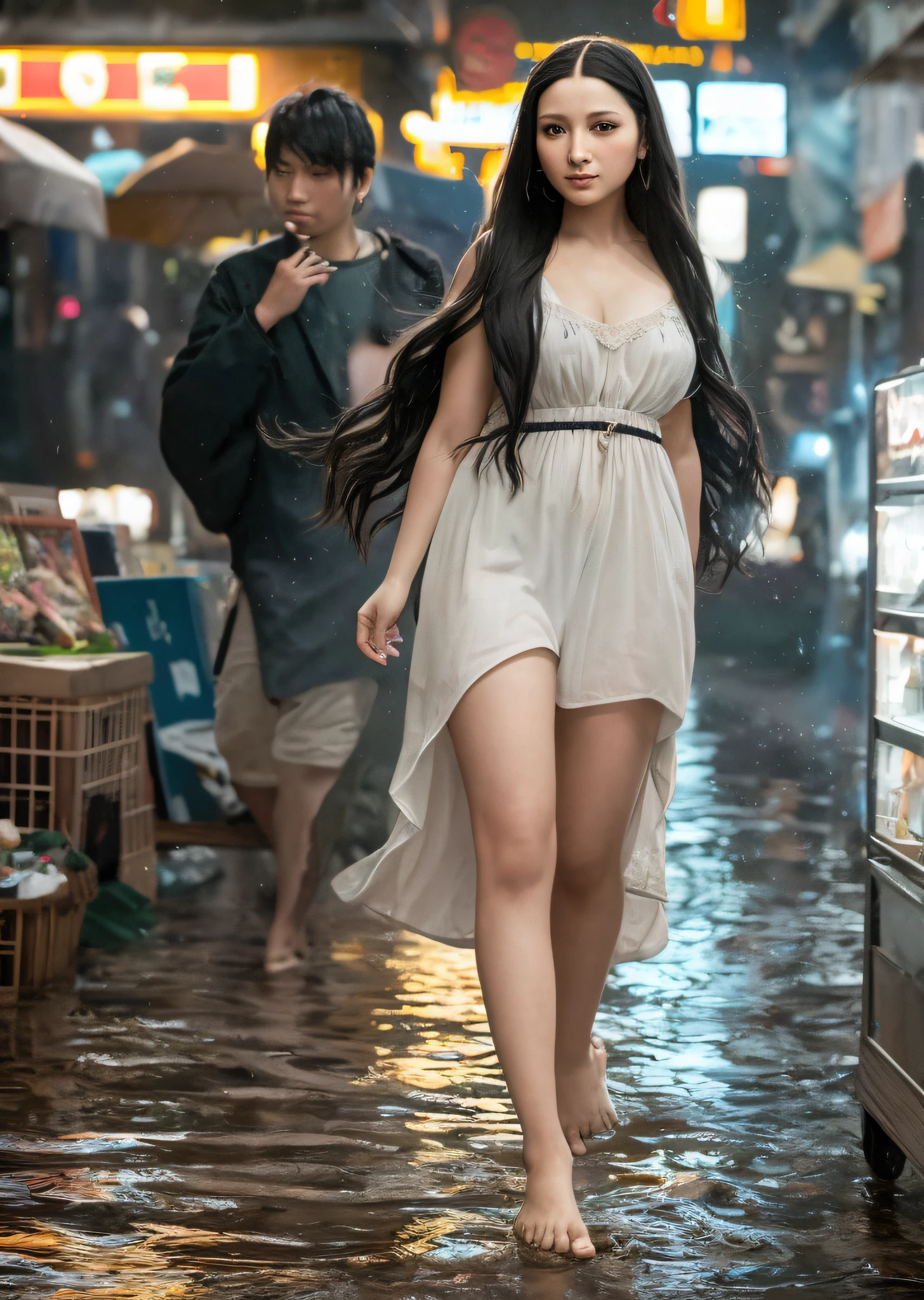 Mona Lisa and an alternative man walking in wet market, gentle expression, full body portrait, barefoot, light streaks falling from the sky, masterpiece, highest quality, high quality, highly detailed CG unit 8k wallpaper, award winning photo, bokeh, depth of field, HDR, flood, chromatic aberration, realistic, very detailed, art station trend, CGsociety trend, complex, high detail, dramatic, midway art, volumetric lighting