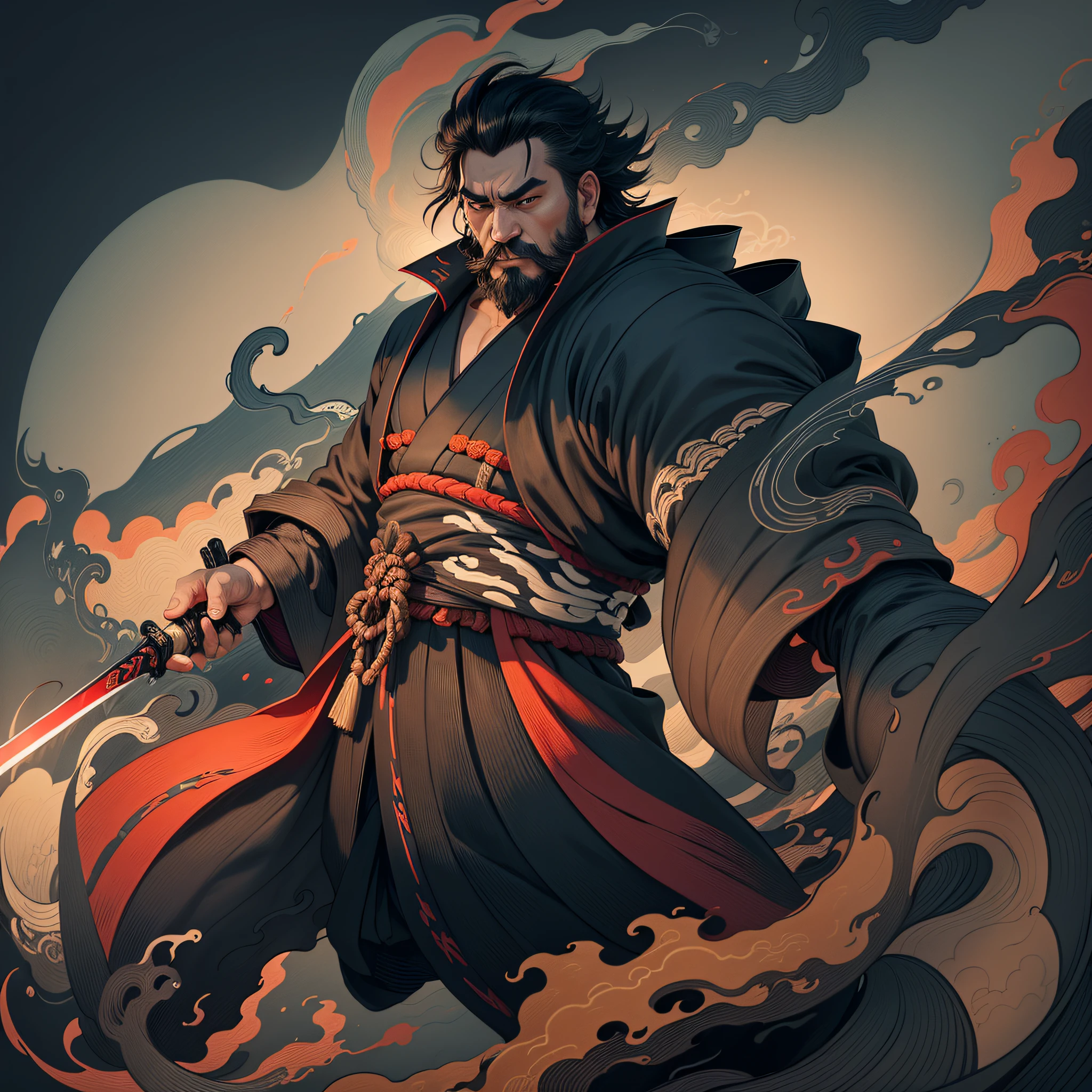 It is a full-body painting with natural colors in the style of ukiyo-e. Miyamoto Musashi is a Japan samurai with a large body like a strongman. He has a rough face, short black hair, and a short, trimmed beard. He is a righteous samurai who fights evil. He wears a black kimono. The hakama should be a little longer and draw in a flowing shape that flutters in the wind. He holds a sword in his right hand with flames coming out of his Japan sword. The background is a swirling flame in Katsushika Hokusai style. Masterpiece high-resolution ukiyo-e style, with the highest quality --auto --s2