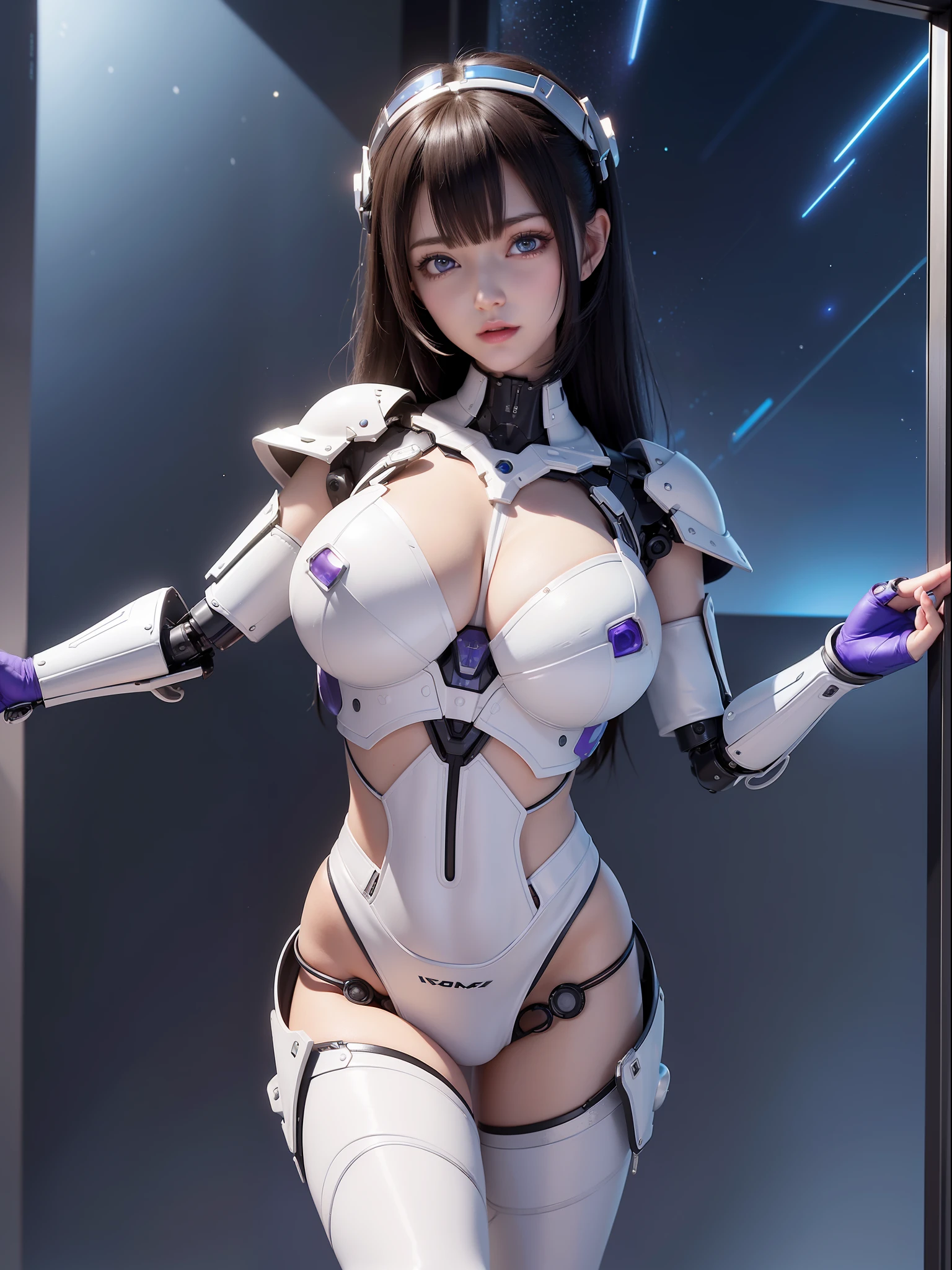 (full-body photo/standing/looking at the viewer:1.5), (one/woman/mechanical:1.5), (extremely large breasts:1.5), (all mechanical body:1.5), (with bionic armor:1.5), white with black gears, (she is inside a spaceship near the window seeing outer space:1.5), (she has very short purple straight hair:1.3), (blue eyes:1.3),  (groaning:1.5), (blush:1.5), (exhibitionist pose:2), (anime style, Anime, 16k, high quality, textured leather, UHD, award-winning)