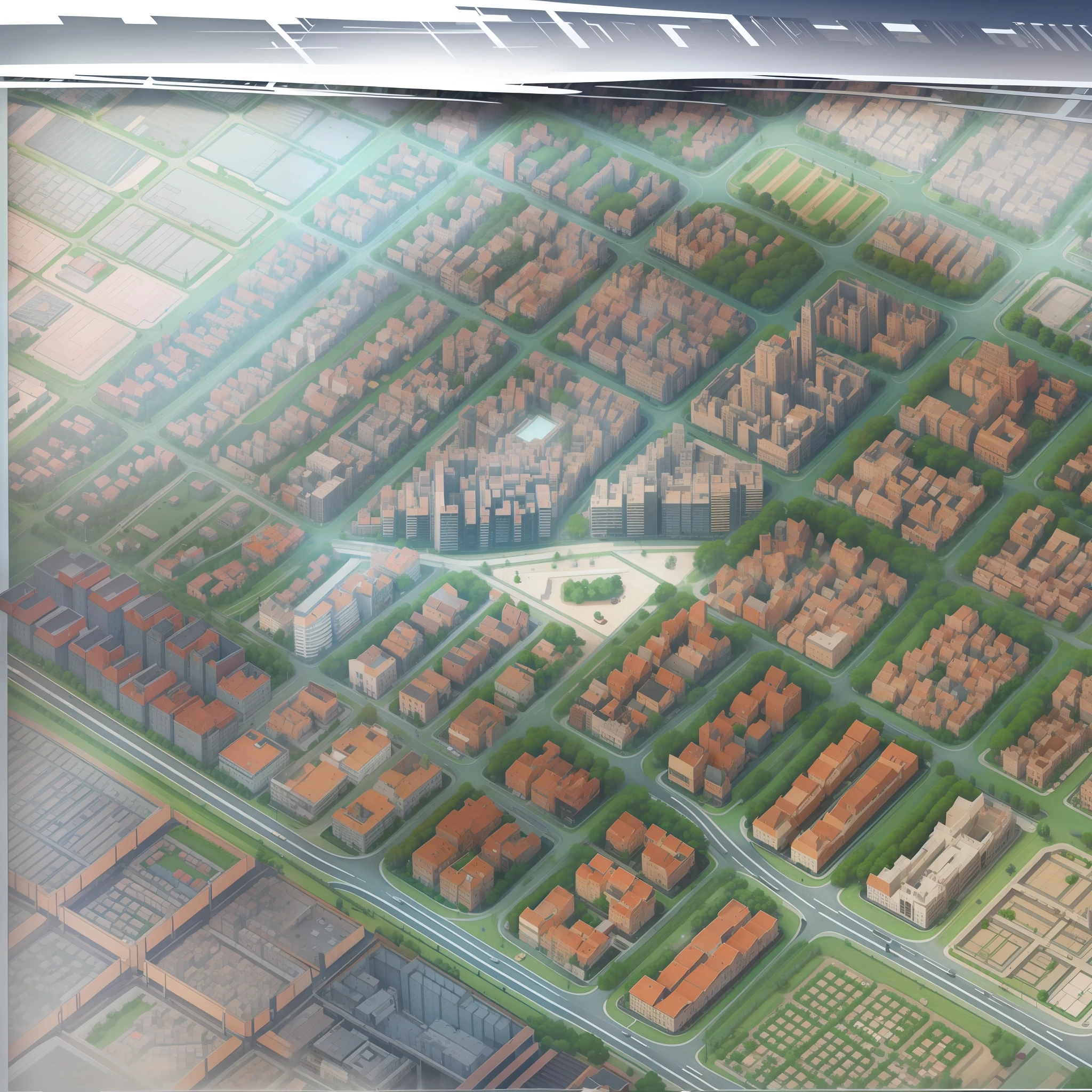 The style of the drawing. See the city from the air. The checkerboard-like layout of the city, the range is 2 kilometers × 2 kilometers square, the four sides of the square are the main roads, there are secondary trunk roads and branch roads in the city, and their distribution is closely related to the division of residential areas, commercial areas, industrial areas and other land uses. The main road, secondary road, and branch road are superior-subordinate relationships, and cannot be connected across levels, for example, the main road cannot directly lead to the branch road.