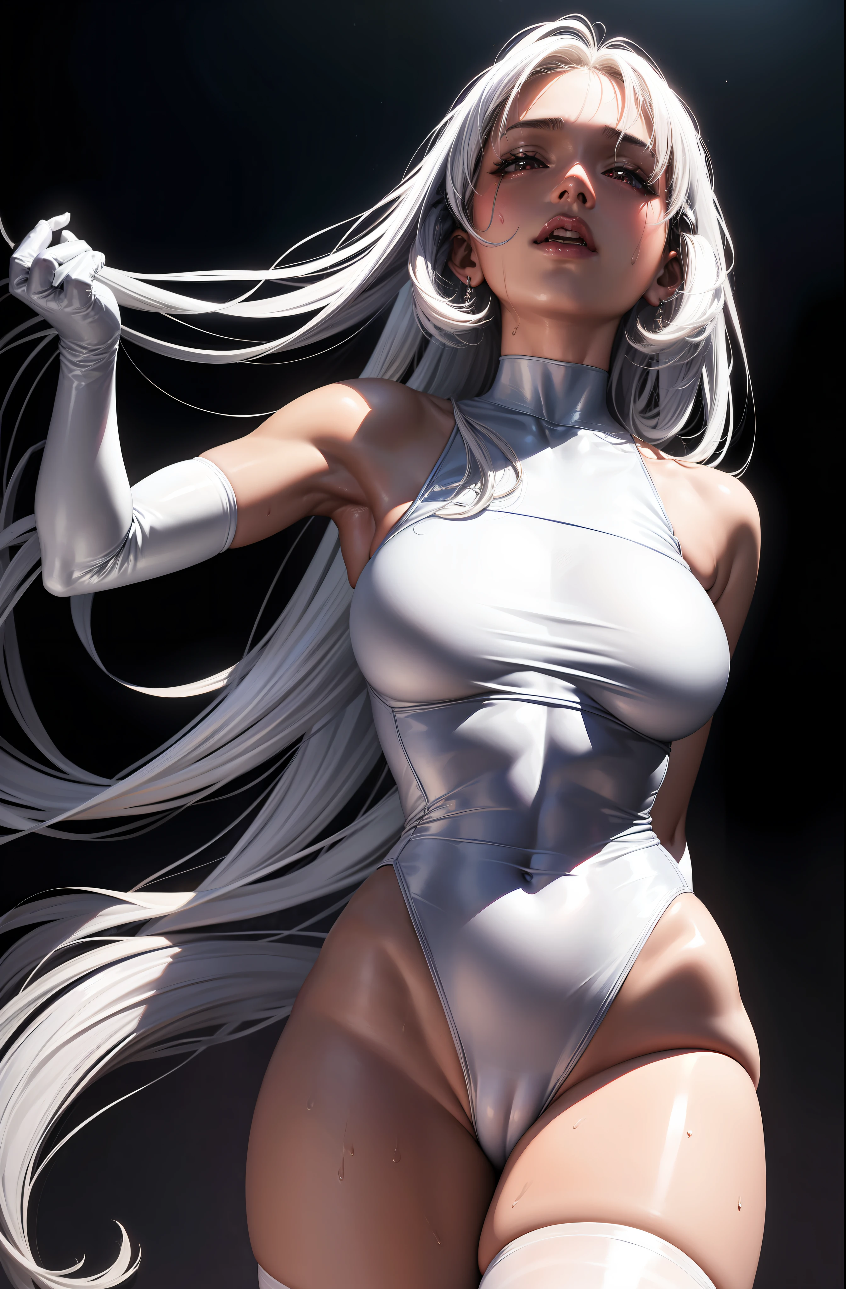 (ai_headback:1.1), masterpiece, (photorealistic:1.4), 1girl, solo, dark-skinned female, trembling, sweat, neck, white leotard, purple thighhighs, sleeveless, white gloves, highleg leotard, white hair, very long hair, large breasts, (head back:1.5), ahegao
