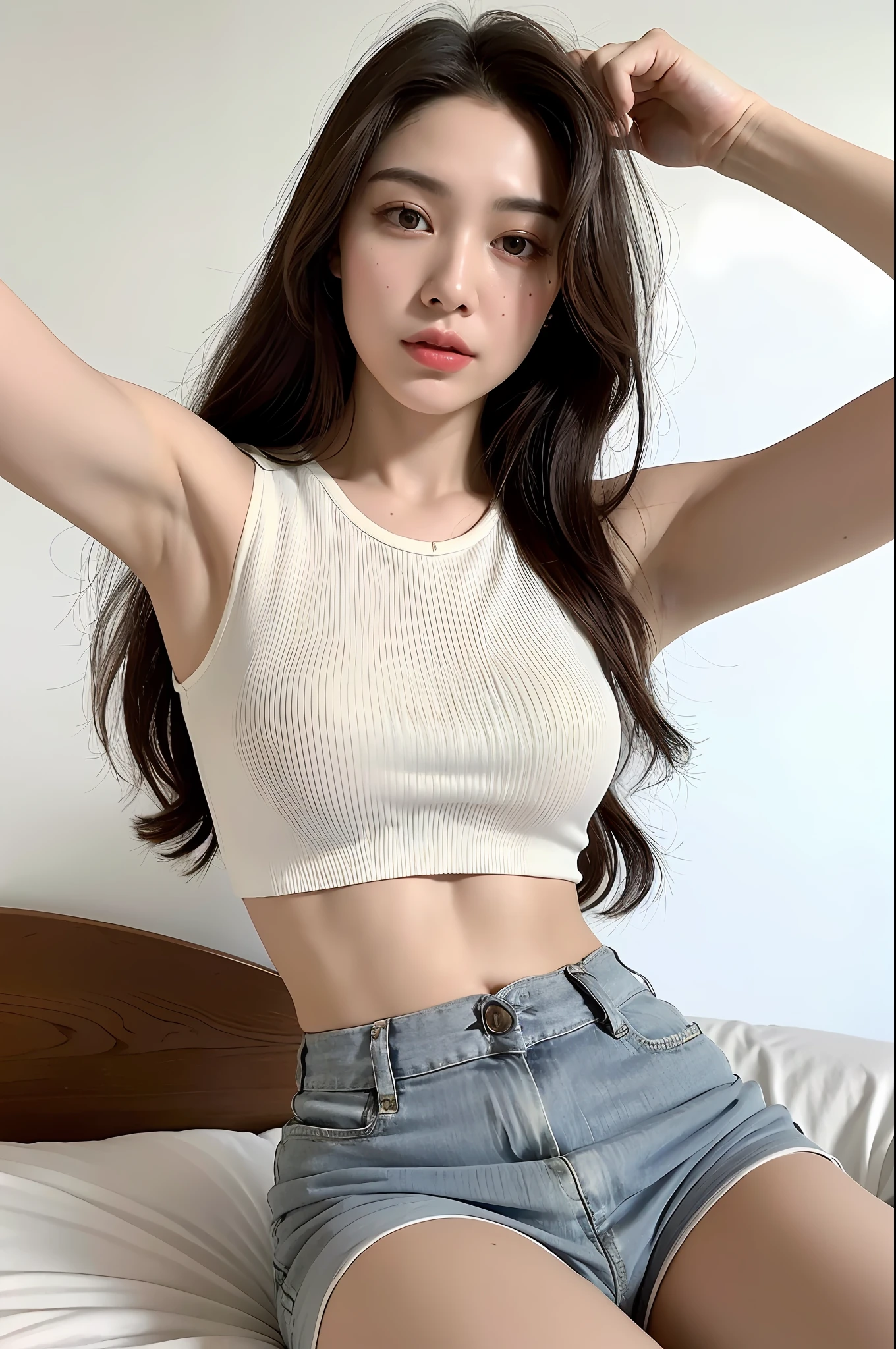 ((Cinematic light, Best quality, 8k, Masterpiece: 1.3)), Selfie, 1girl, Beautiful woman with slender abdomen: 1.4, (Brown hair, Huge breasts: 1.1), Gym blouse: 1.2, Bed, Ultra detailed face, Detailed eyes, Double eyelid, short shorts, calvin klein blouse, calvin klein short