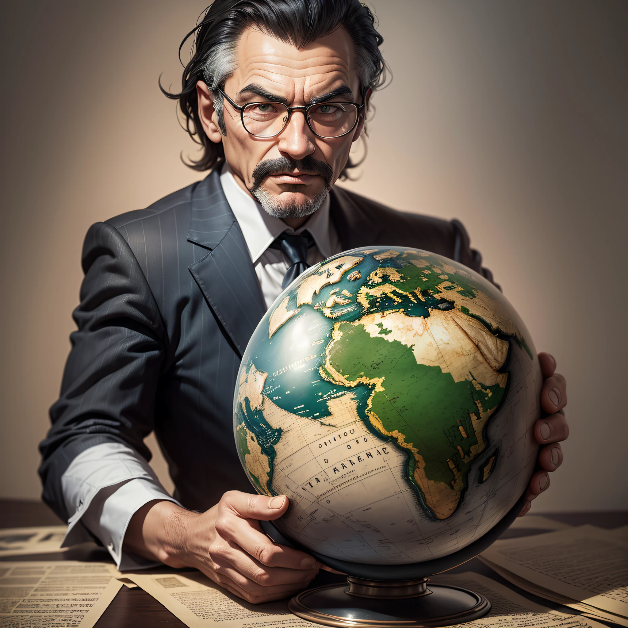 Tycoon with his hands on top of the globe, dark caricature, political cartoon --auto --s2