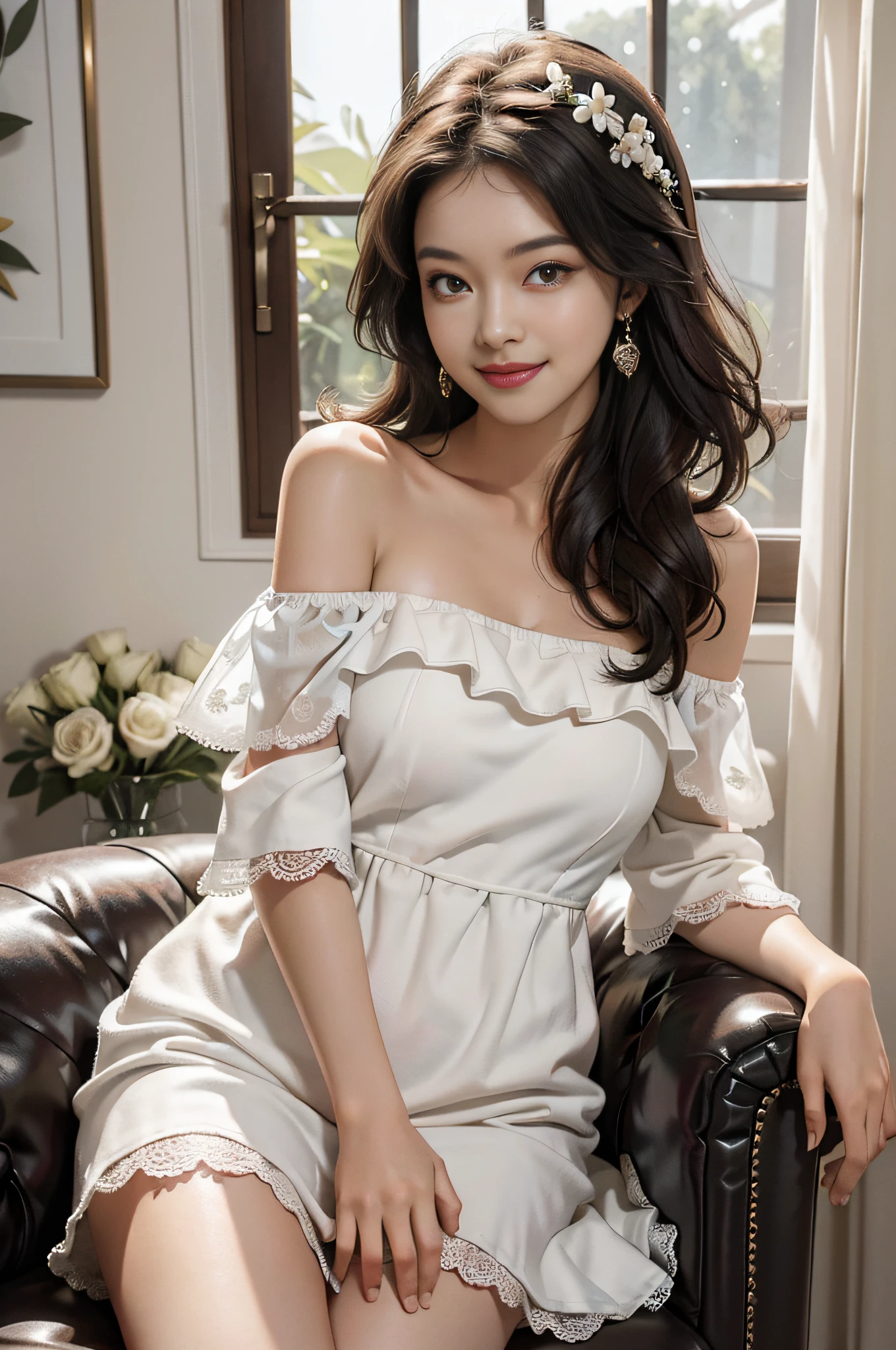 Best quality, masterpiece, ultra-high resolution, (photorealism: 1.4), raw photo, 1 girl, white dress, off-the-shoulder, cute with a beautiful smile, dark hair, flowers, radiant skin, light smile,