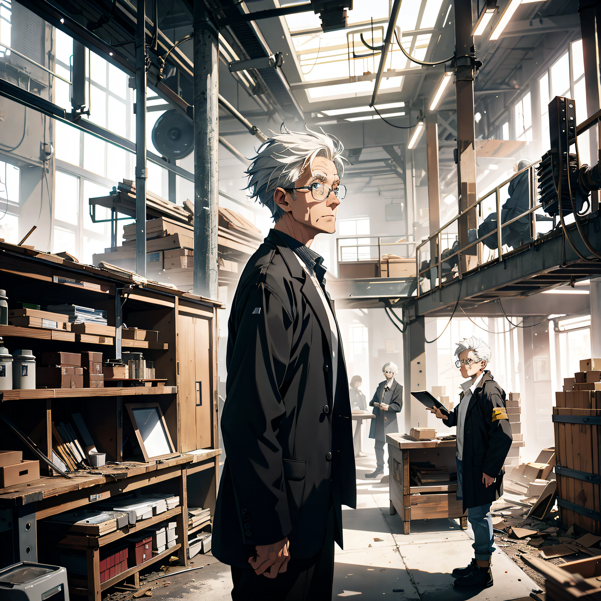 Inside the abandoned factory, high-tech workbenches, technology-sense screens, technological robotic arms, an old man with short white hair dressed as a scientist, with a shocked and surprised expression, opened his mouth