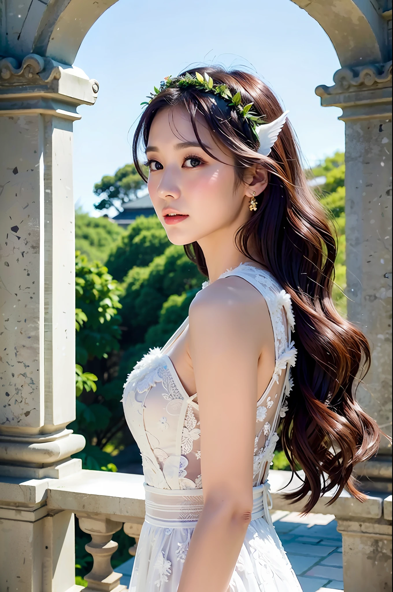 Dressed up with winged cute angel, wearing a beautiful garland on the head, symmetrical white feather material simulation of huge wings, exquisite details, HD, 8k, (best quality, masterpiece: 1.2), portrait, breast, outdoors, ancient buildings, tall stone pillars, stone railings, a 25-year-old woman named Yiping in an ancient castle: 2, eyes looking at the camera, natural expression, posture do not stiff, curly wavy long hair, white dress long dress, the same character, various poses, different angles, backlight :1.5,Rich skin details:1.5,