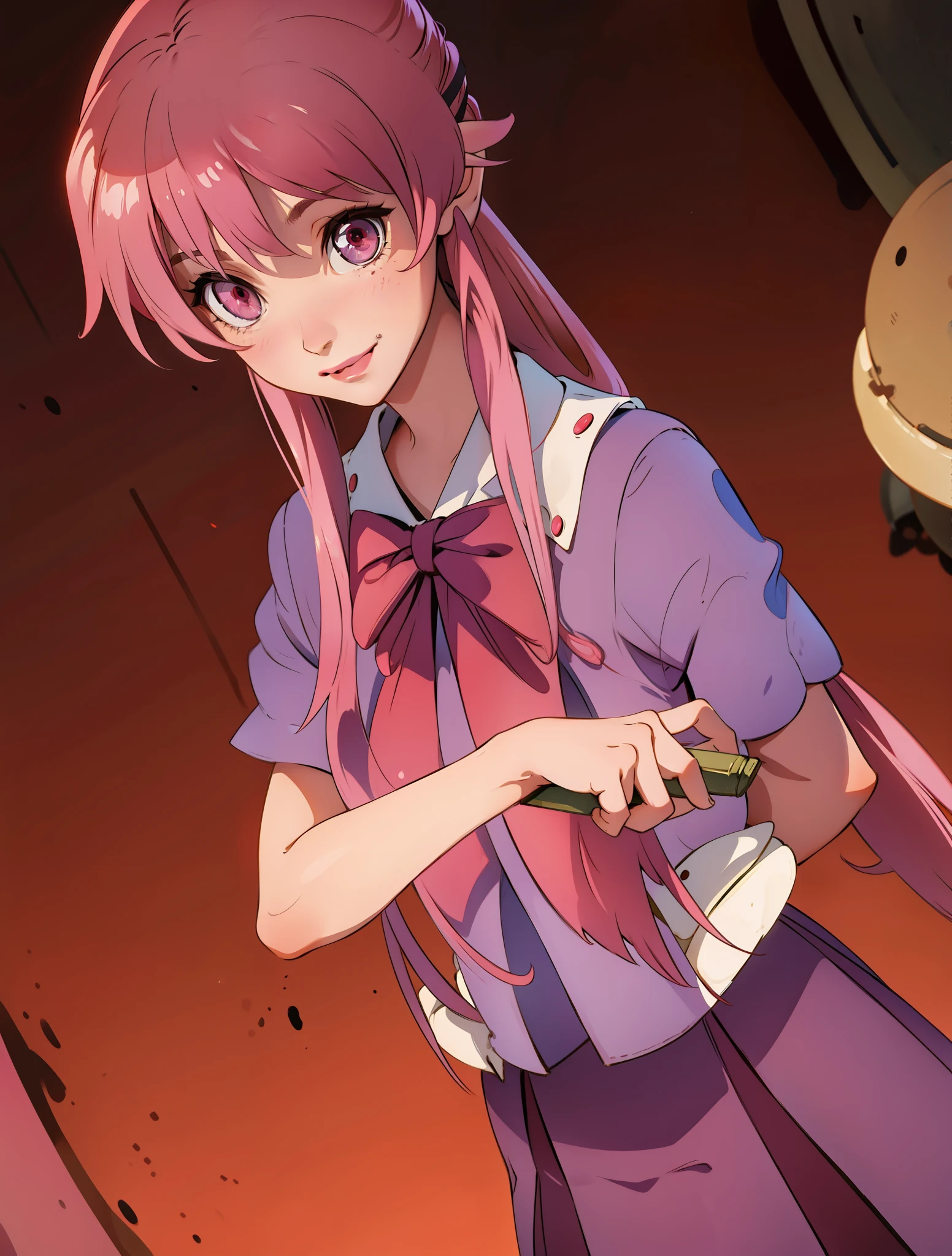 Gasai Yuno, round and smiling face, pink eyes and hair, demon slayer