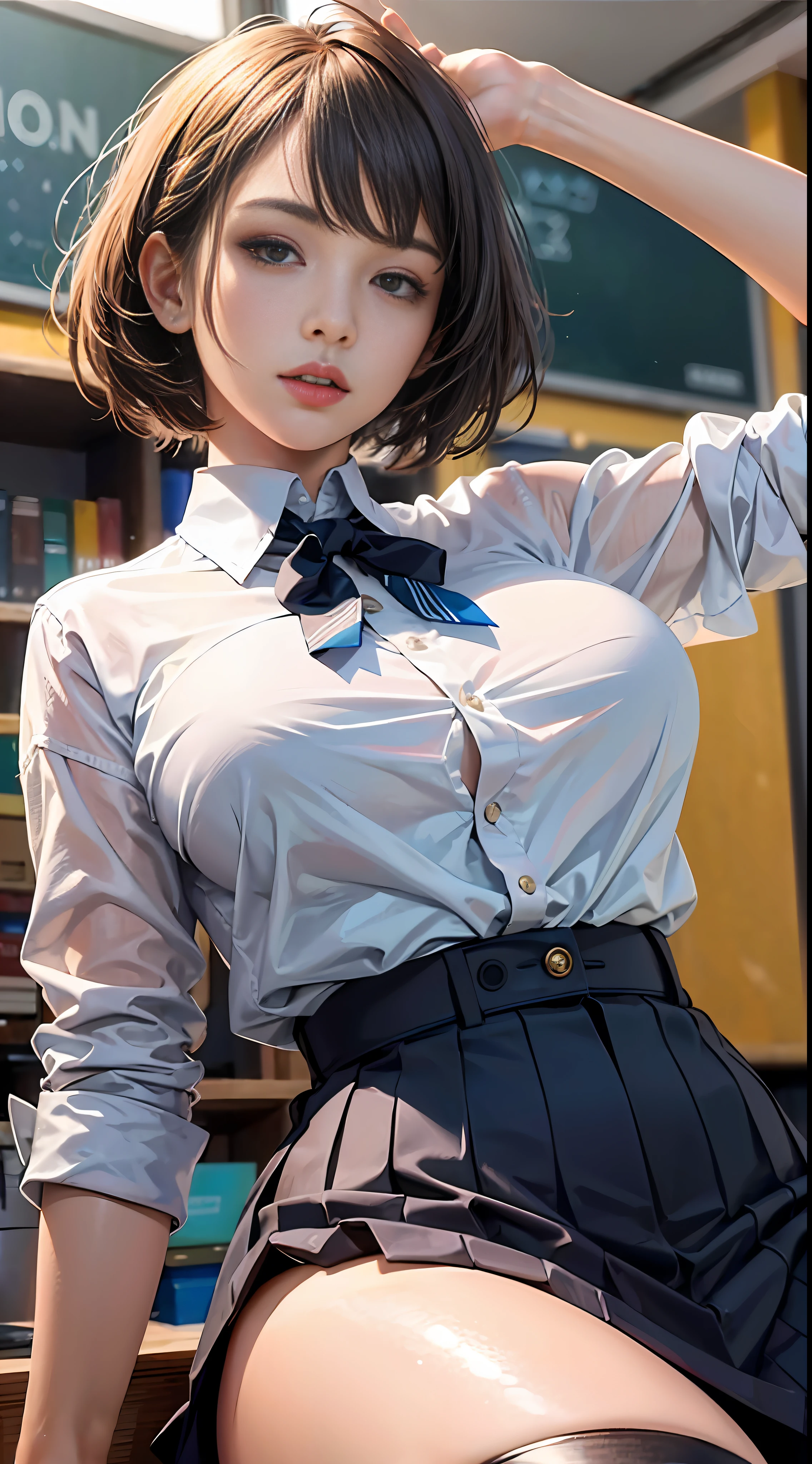 (masterpiece, best quality, perfect anatomy, nice hands:1.2, 1girl:1.2, solo:1.3, illustration:1.2), official art, unity 8k wallpaper, ultra detailed, beautiful and aesthetic, realistic, medium hair, bob cut, braid, mole under eye, (school uniform:1.2), (kneehighs:1.1), classroom, from below, leaning back, flying button, huge breasts, sidelighting, blue sky