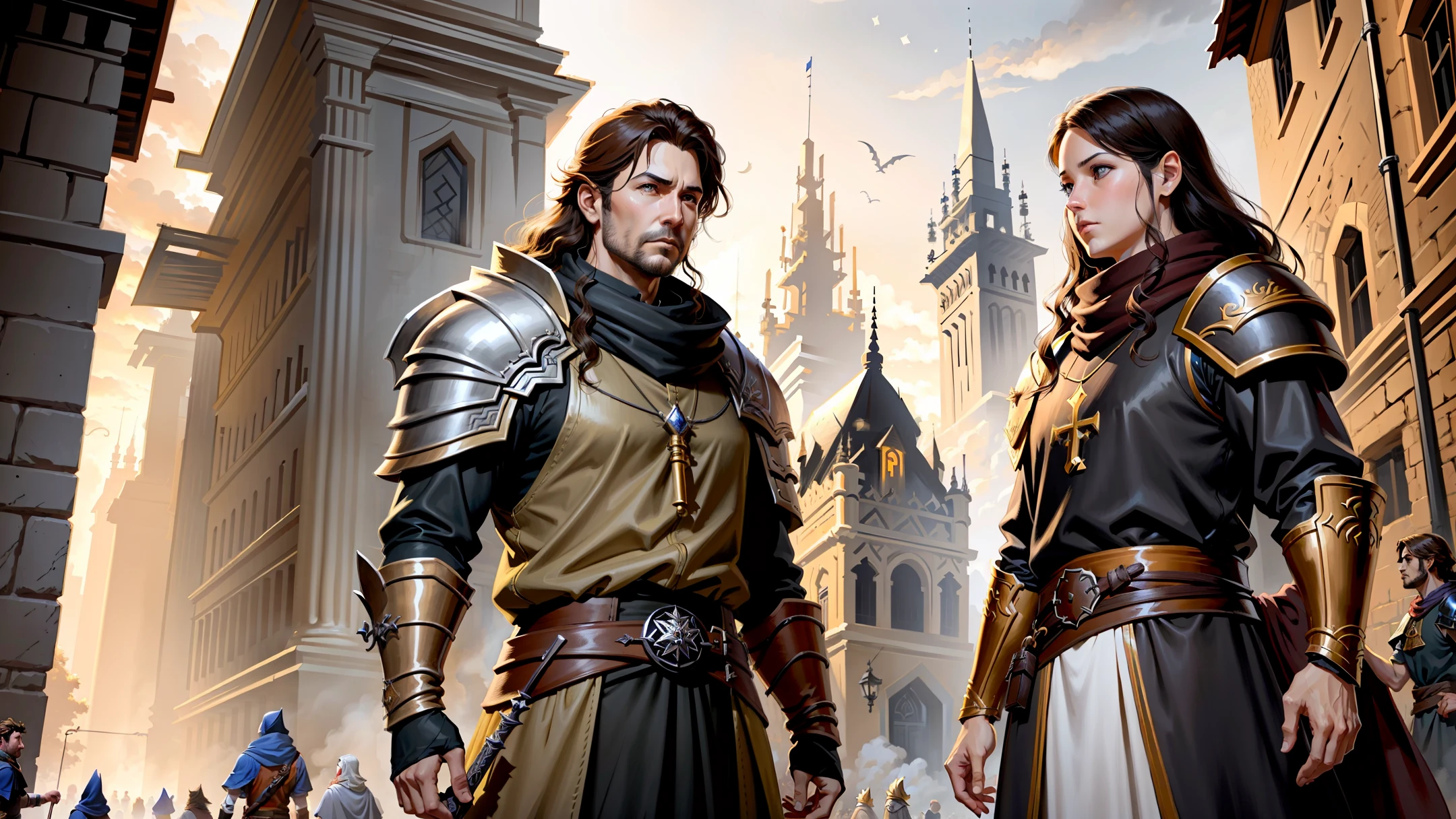 there are a lot of people that are standing in the street, roleplaying game art, 2. 5 d cgi anime fantasy artwork, dungeons and dragons portrait, coriolios rpg art style, dragonlance illustration, epic rpg artwork, key art, rpg artwork, d & d fantasy digital art, fantasy rpg book illustration, fantasy card game art