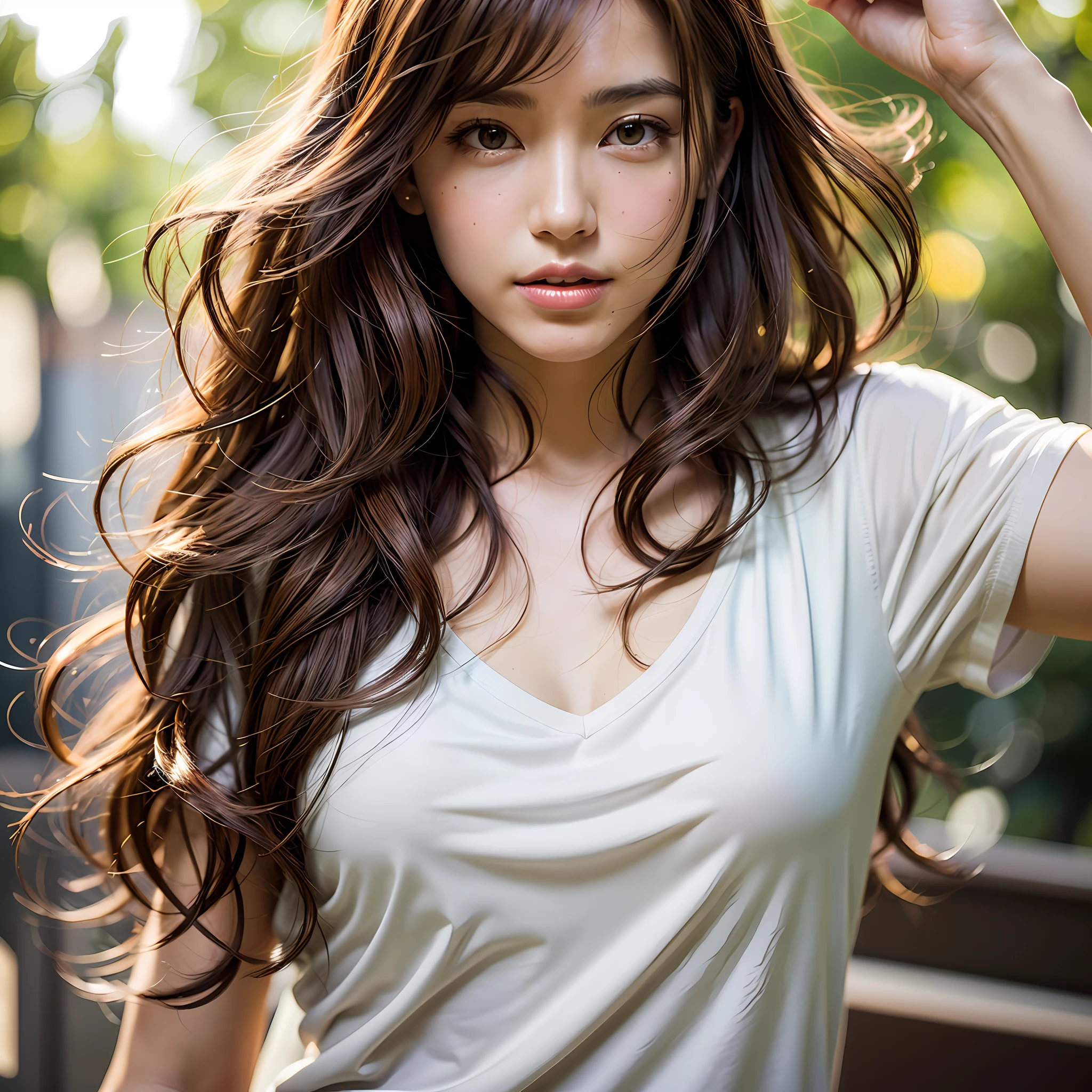 upper body, light brown hair, design hair, live action, masterpiece, top quality, official art, very elaborate cg Unity 8K wallpaper, for girls, ultra high resolution, casual fashion, golden hour lighting, summer fashion, (natural brown hair: 0.8), (puffy eyes), sunlight, look at viewer, turn around, smile, medium breasts, balayage hair, bust up angle, Model pose, no background, delicate skin, curly hair, hands on mouth, white t-shirt