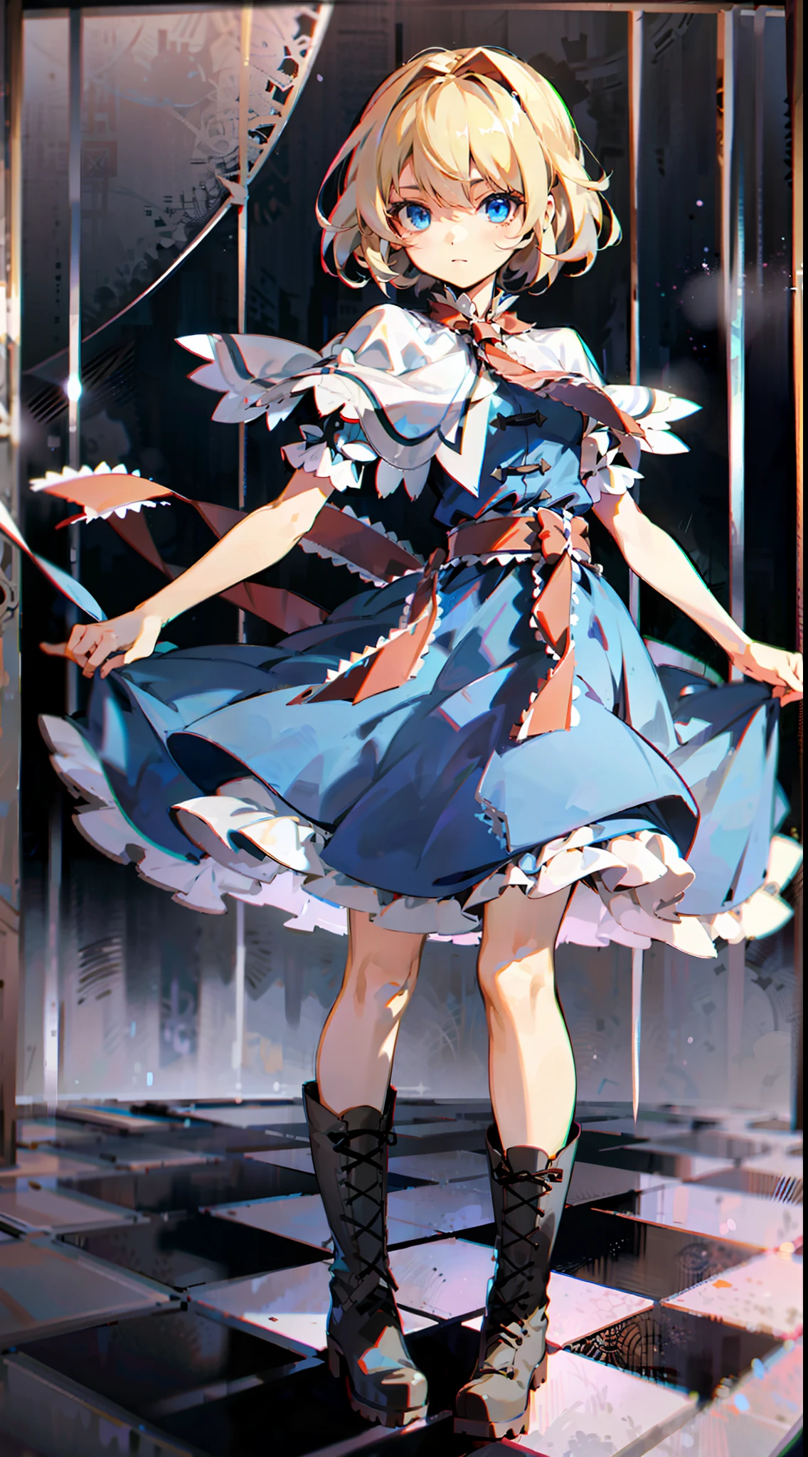 alice margatroid,shanghai doll,1girl,blonde hair, blue eyes, capelet, boots,dress,sash, bow, hair bow, short hair, cross-laced footwear, blue dress, lace-up boots,black tights,{{{{torn clothes}}}}