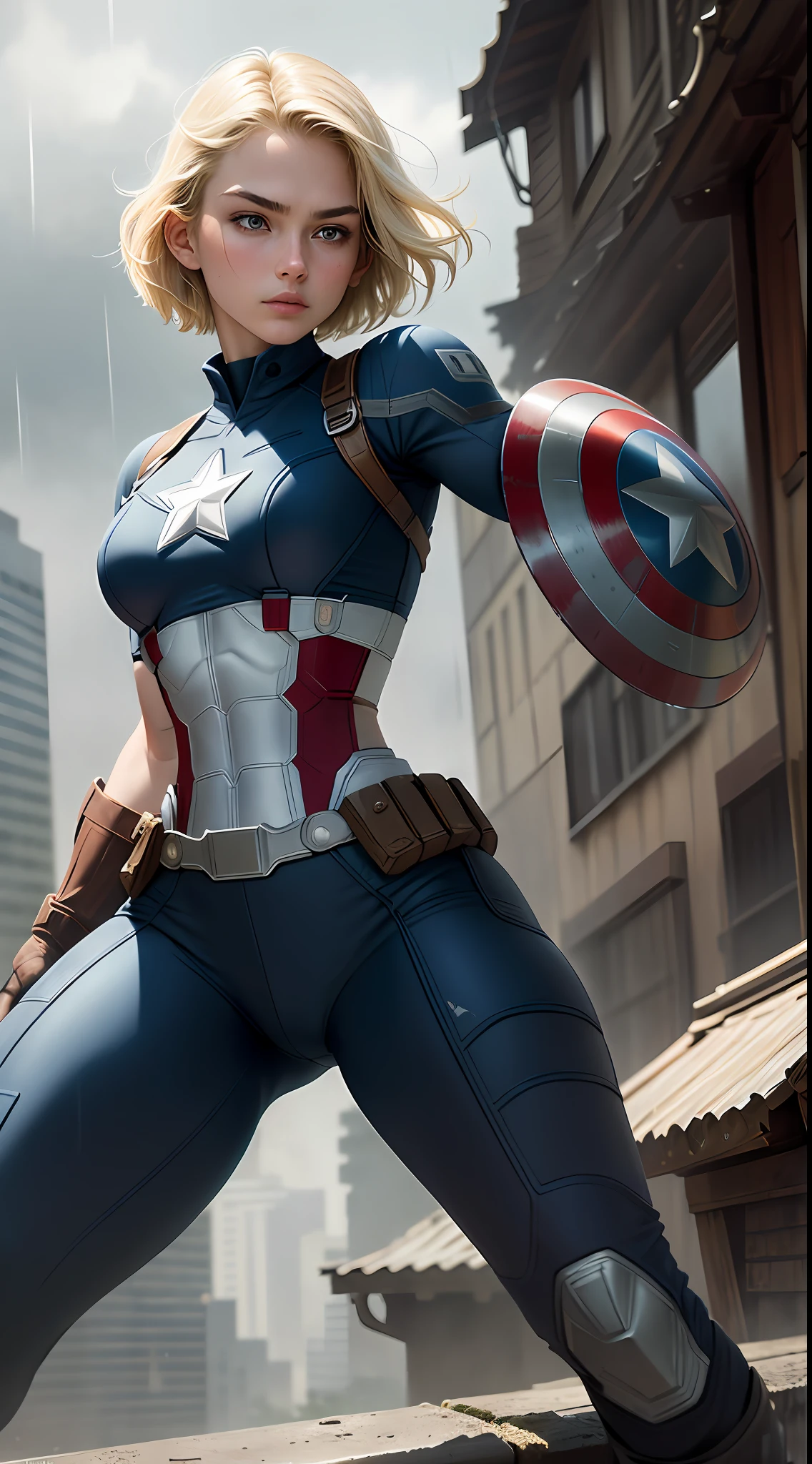 18-year-old girl, upper body, close-up, Captain America suit, long pants, (((short hair)), blonde hair, beautiful face, fighting stance, rain, roof, masterpiece, exquisite details, perfect anatomy