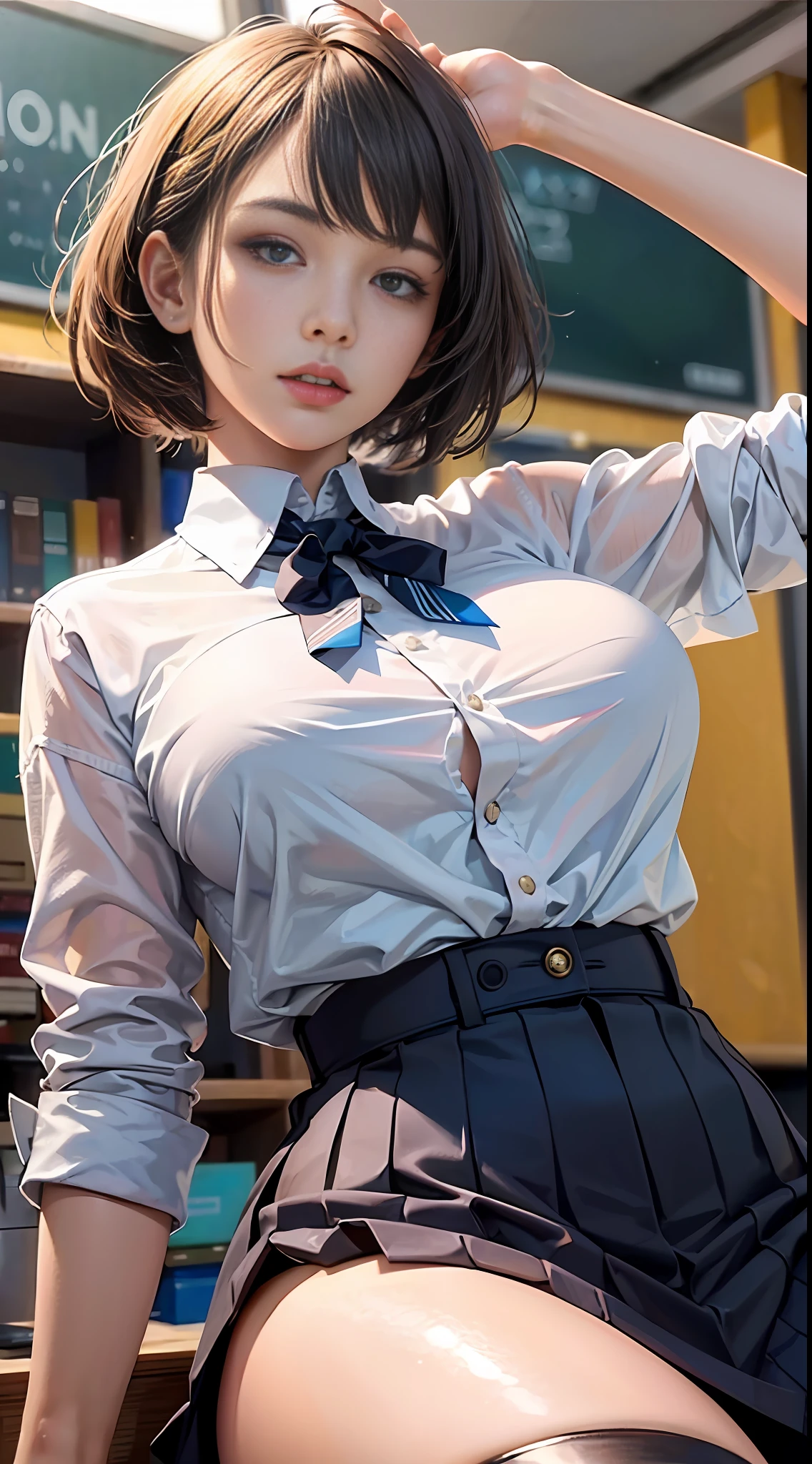 (masterpiece, best quality, perfect anatomy, nice hands:1.2, 1girl:1.2, solo:1.3, illustration:1.2), official art, unity 8k wallpaper, ultra detailed, beautiful and aesthetic, realistic, medium hair, bob cut, braid, mole under eye, (school uniform:1.2), (kneehighs:1.1), classroom, from below, leaning back, flying button, huge breasts, sidelighting, blue sky