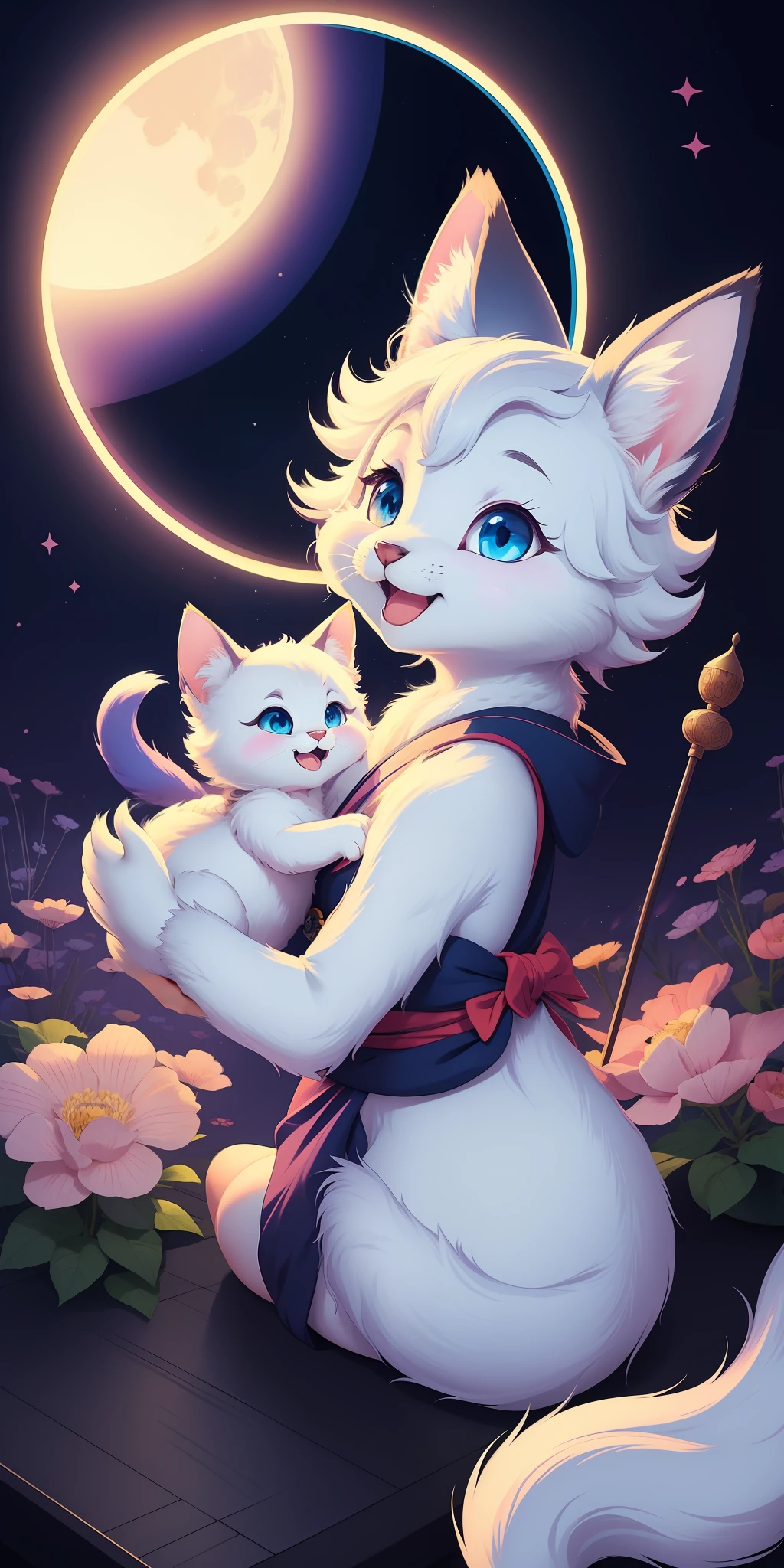 Close upA kitten with a small tail, a small nose, small ears, blue eyes, purple background, flowers, vases, dreams, open mouth, smile, Caroline Chariot-Dayez pastels, tumblr, furry art, elokitty, Disney's Bambi, Disney's styled furry ears floating fluffy tail fluffy ''fluffy!!! high resolution furry art!!! The moon, small in size, Katsushika Hokusai style, neon color