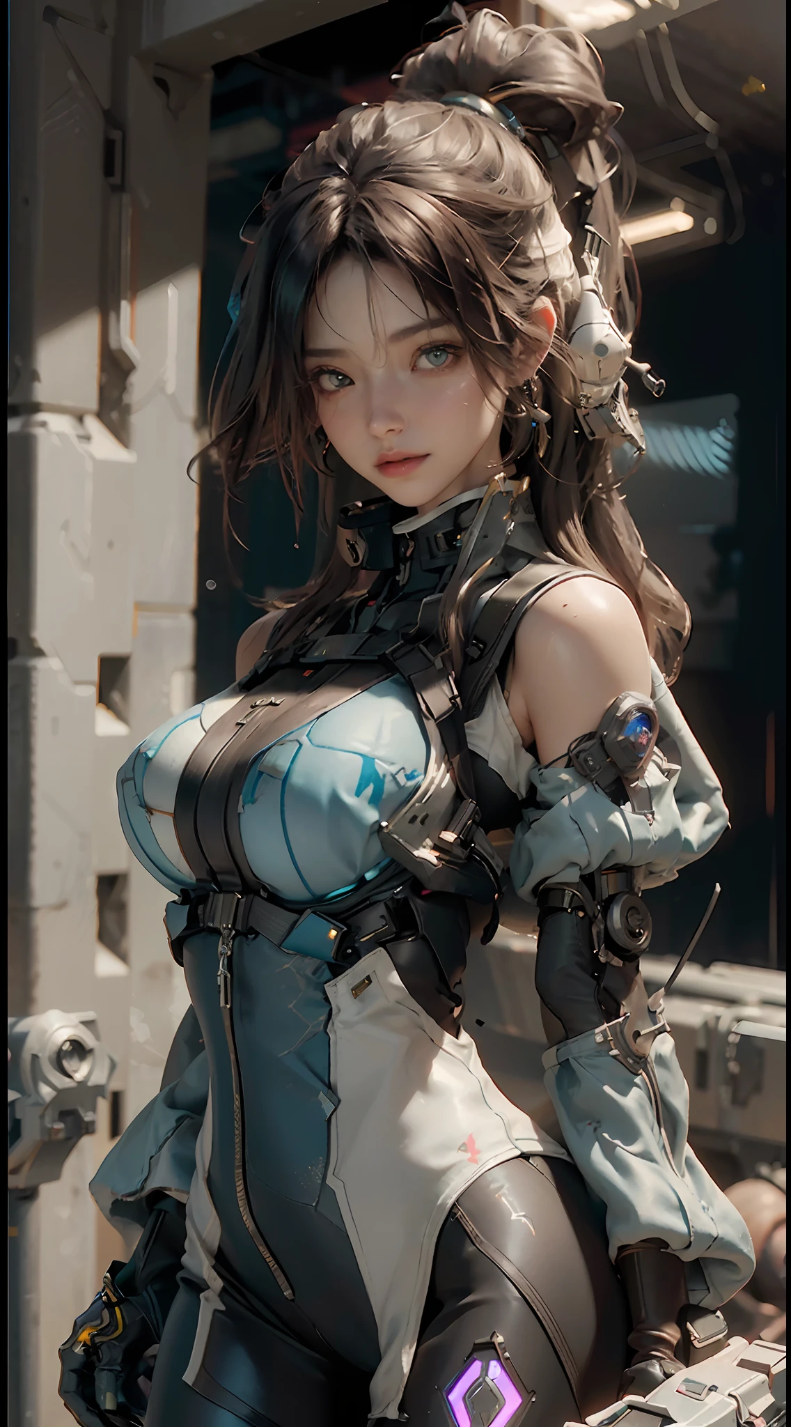 ((Best Quality)), ((Masterpiece)), (Detail: 1.4), 3D, A Beautiful Cyberpunk Female Figure, Ultra Sexy, Big Tits, Exposed Breasts, HDR (High Dynamic Range), Ray Tracing, NVIDIA RTX, Super-Resolution, Unreal 5, Subsurface Scattering, PBR Textures, Post Processing, Anisotropic Filtering, Depth of Field, Maximum Sharpness and Sharpness, Multi-layer Textures, Albedo and Highlight Maps, Surface Coloring, Accurate simulation of light-material interactions, perfect proportions, Octane Render, two-color light, large aperture, low ISO, white balance, rule of thirds, 8K RAW,