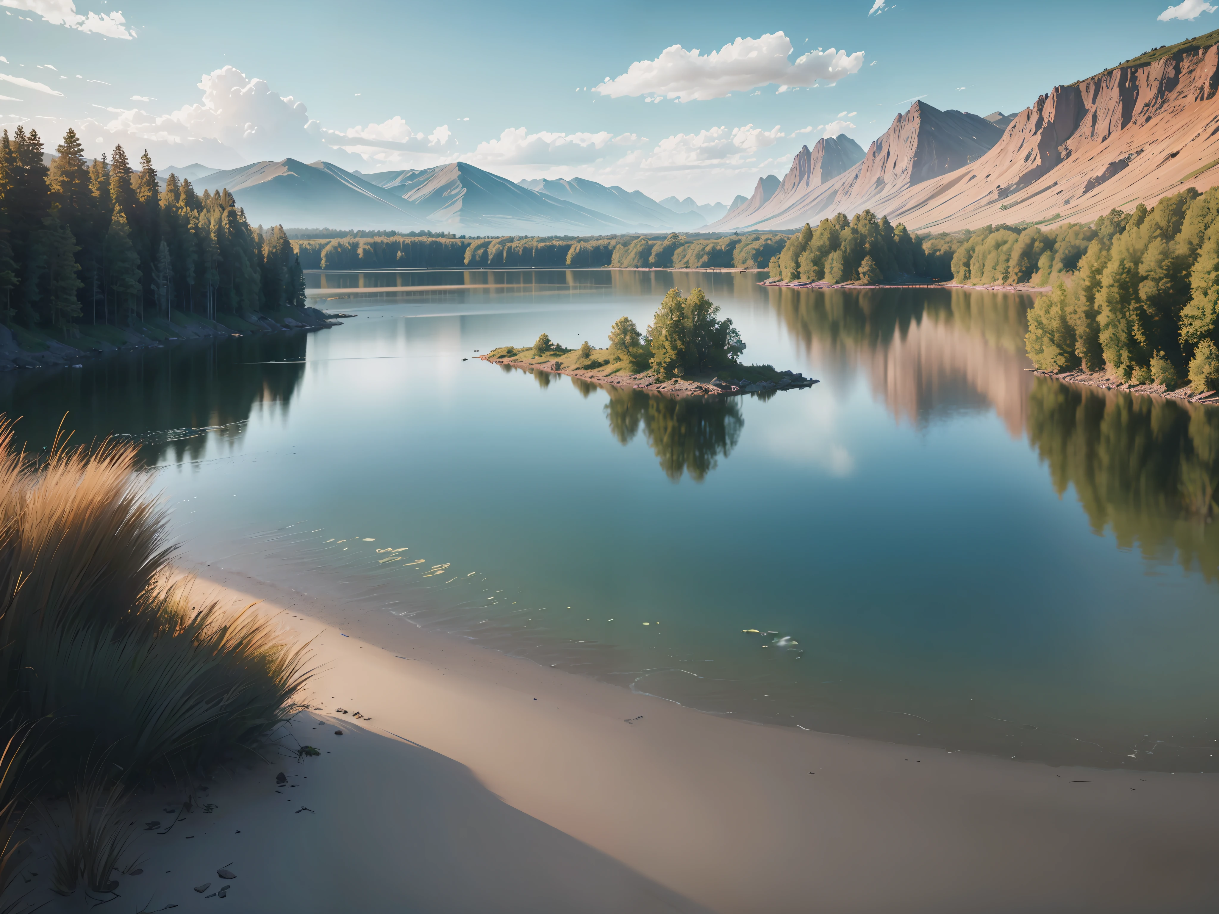 RAW photo of the landscape, lake, Plain area, Big water, Small details, lifelike, Ultra-realistic photos, 8k Ultra HD, Close up view of the shore, Tourist's perspective, DSLR, softlighting, high-quality, Fujifilm XT3, (masterpiece), Film grain