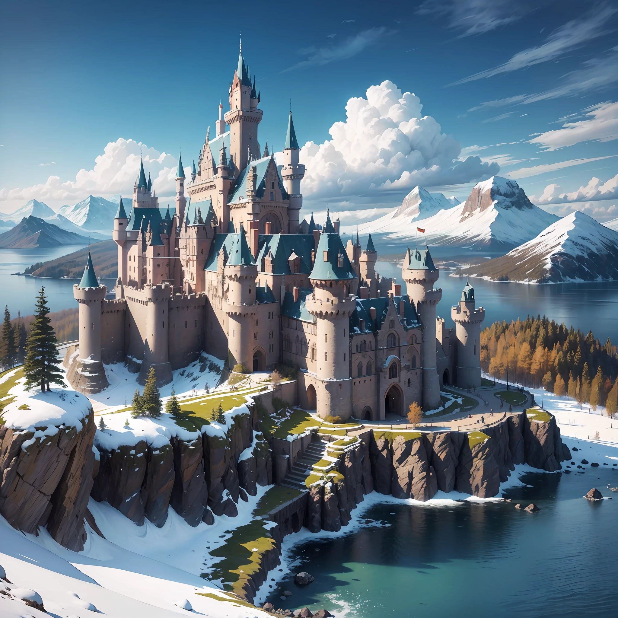 The roof of the castle is covered with snow, surrounded by more lush woods, and the oil painting of the picture is more intense