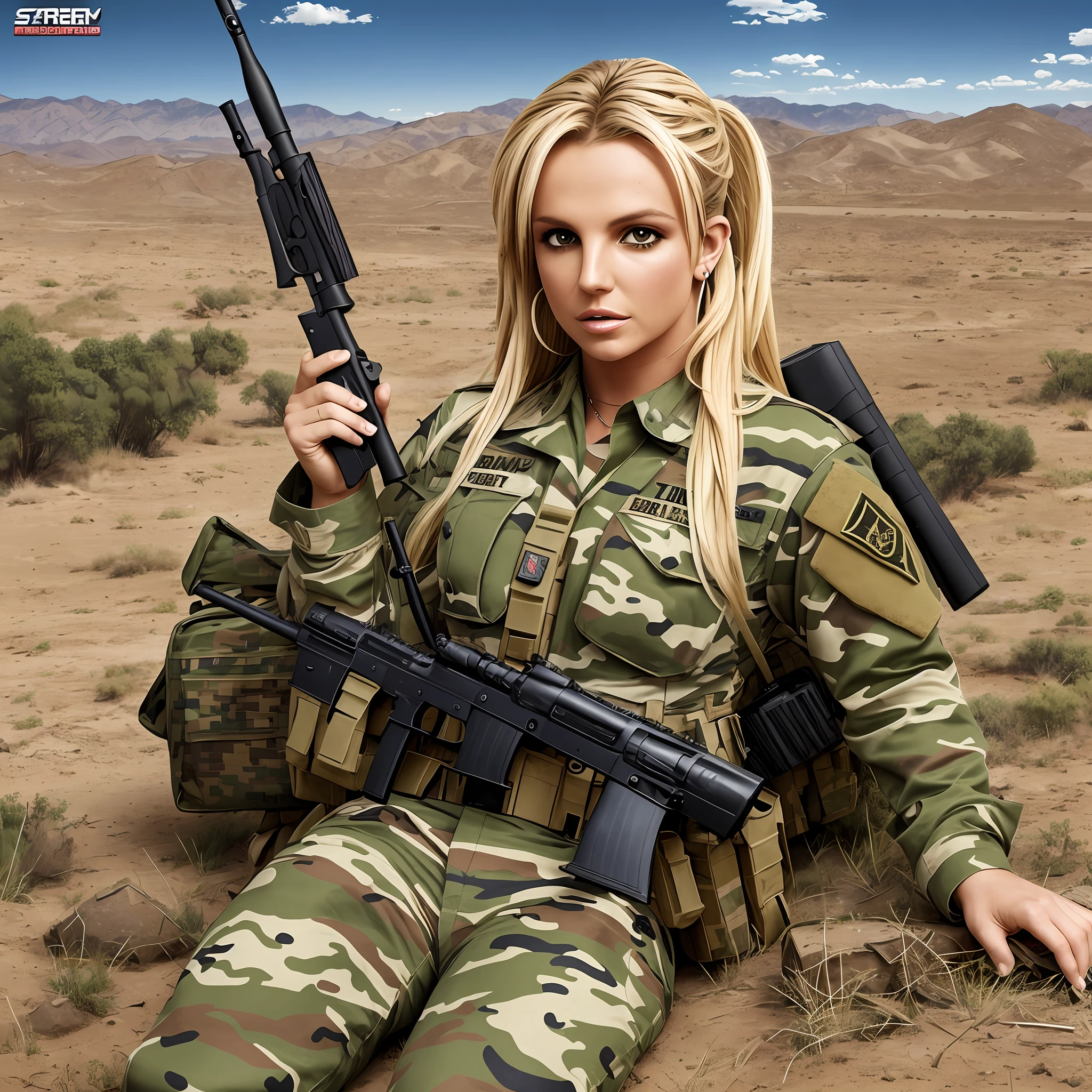 Britney Spears sensual with camouflaged army drag and pistol in a war scenario, high quality photo, extremely realistic, well detailed and in high definition --auto --s2