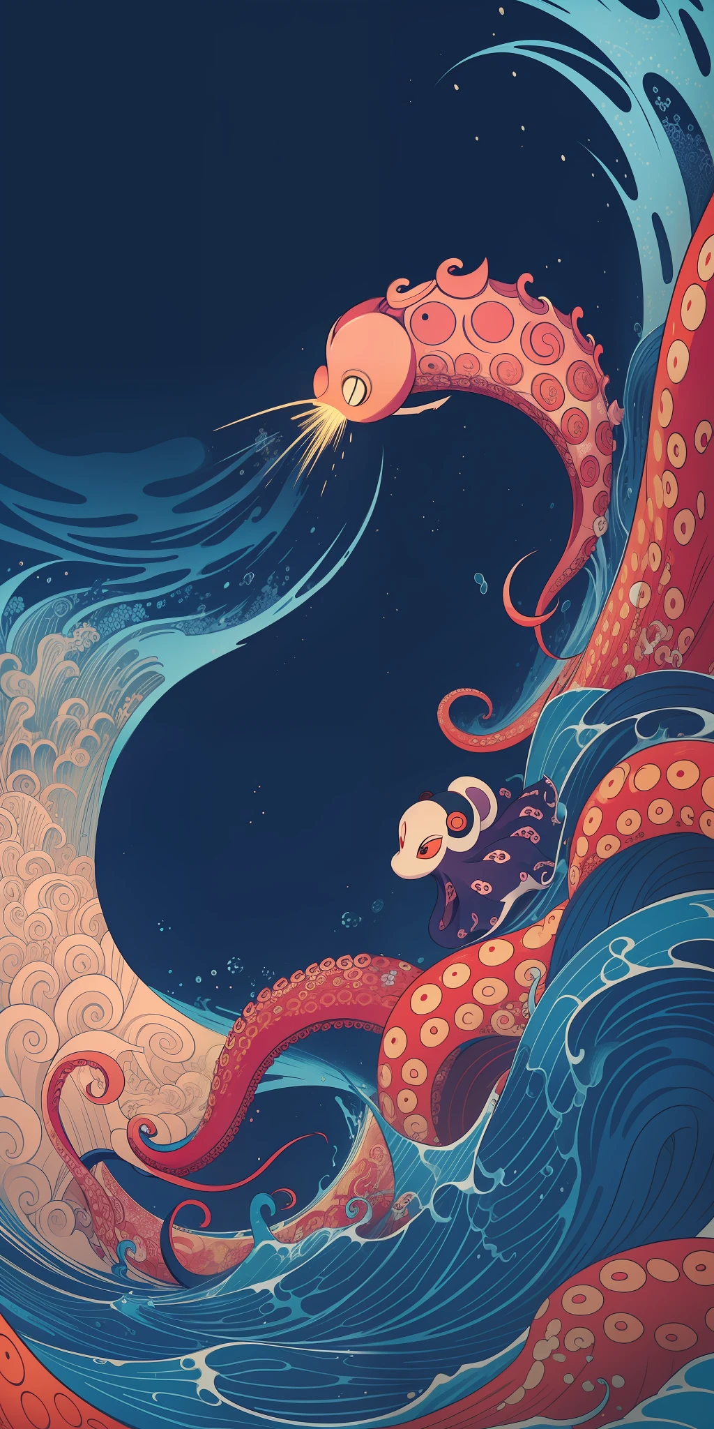 Close up Revstyle 3 Octopus, Katsushika Hokusai style, neon color