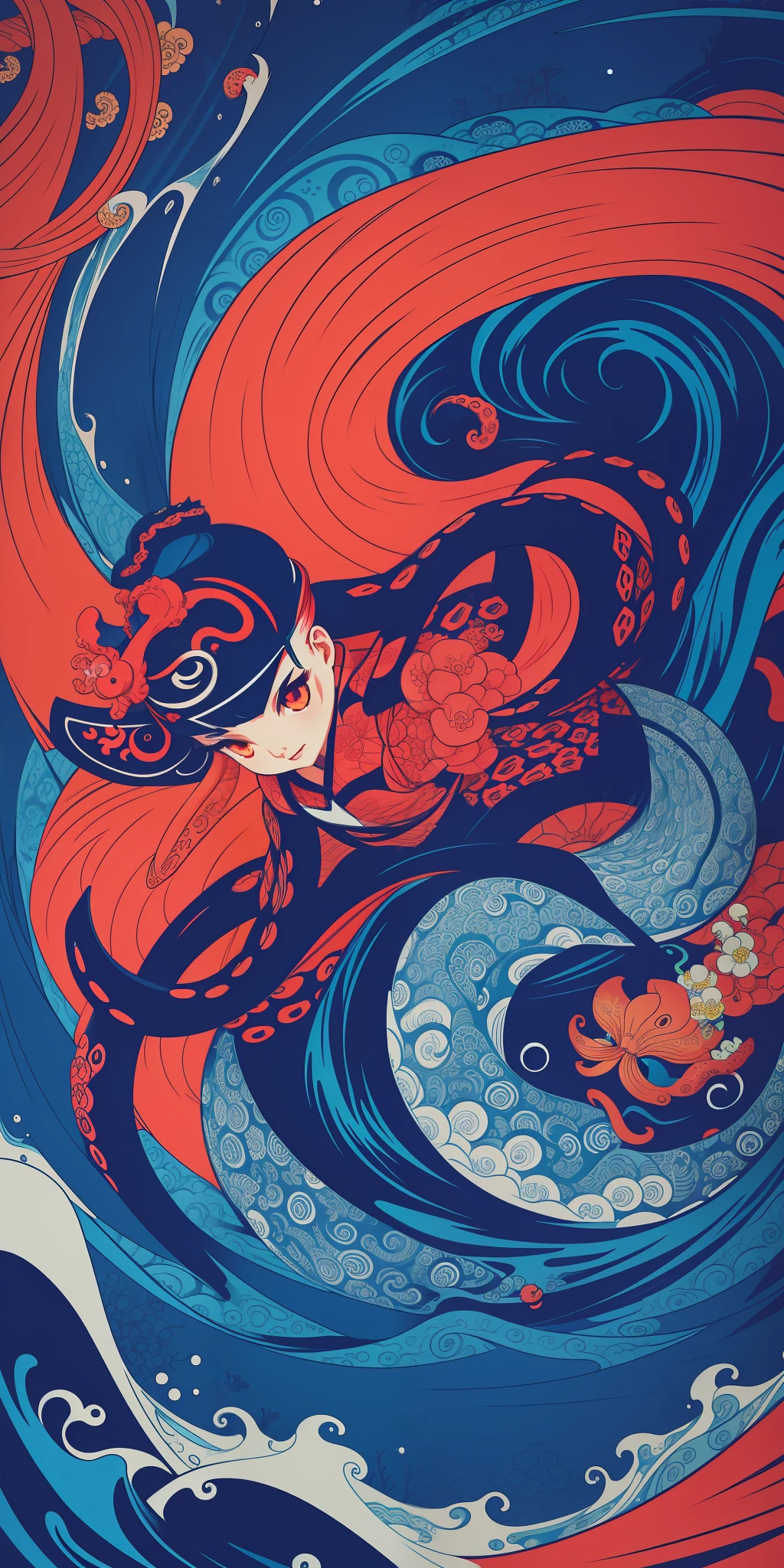 Close up Revstyle 3 Octopus, Katsushika Hokusai style, neon color