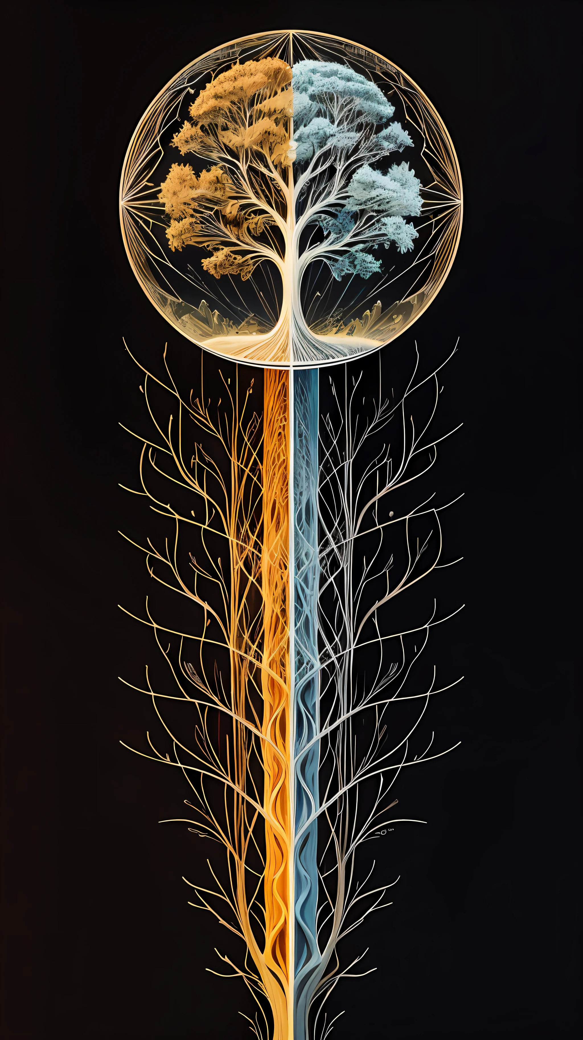 Beautiful symmetrical full body photo painted in oil with thick brushstrokes and wet paint, Fibonacci, golden ratio, melted wax, visible brushstrokes, surrounded by crystal spheres, 3D tessellation wireframe, neural graphic, neurons, tree of life, color, love, passion, oil on canvas, thick brushstrokes, insanely detailed, 8k uhd, masterpiece, artstation, surreal