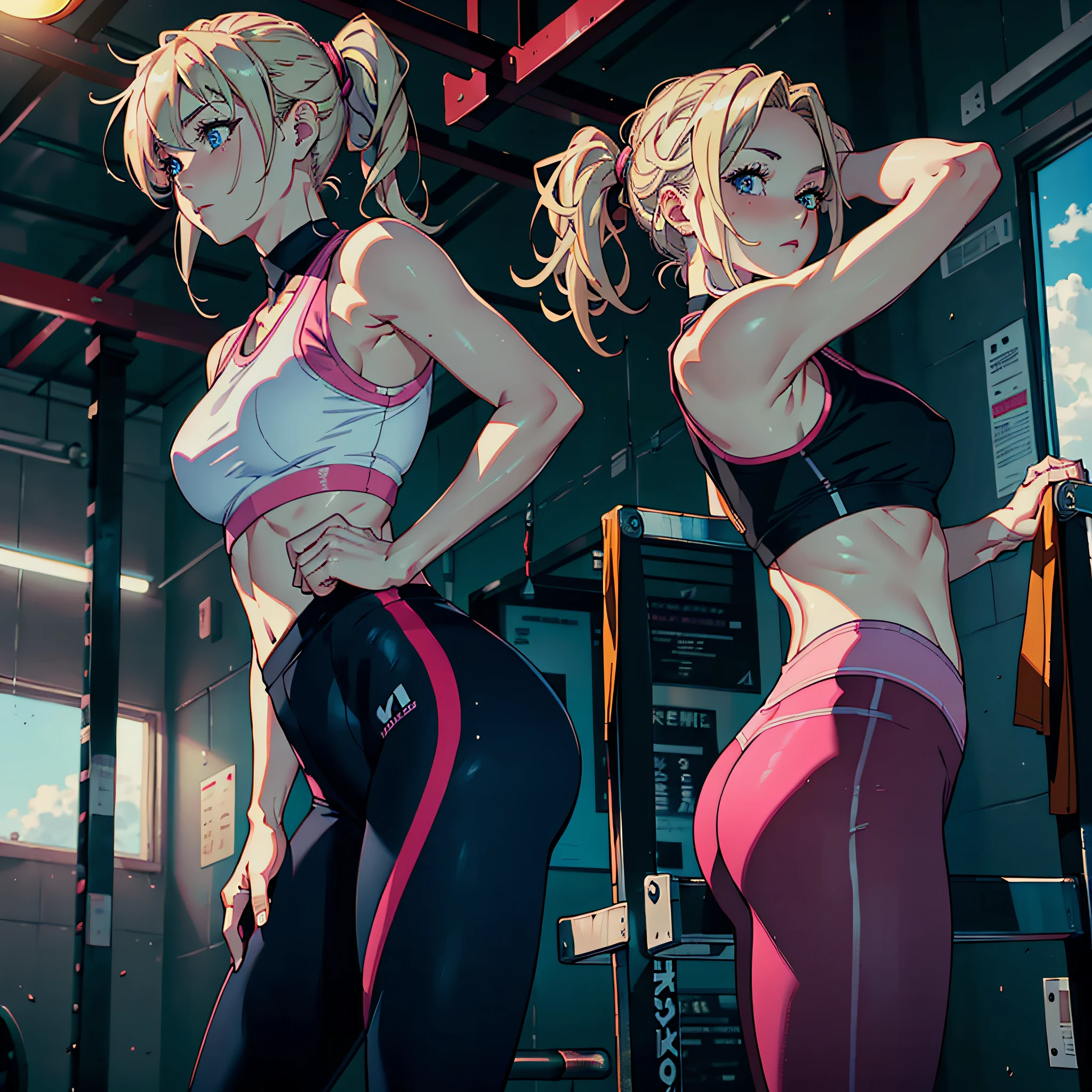 Masterpiece, Best Quality, 8K, Photographic Reality, Realistic, Octane Rendering, Japanese Gym Exercise (1 woman: 1.4), (Only one woman shown in the picture: 1.4), (Long blonde hair), (Pink sports vest|black yoga pants), (Blue eyes) Side display
