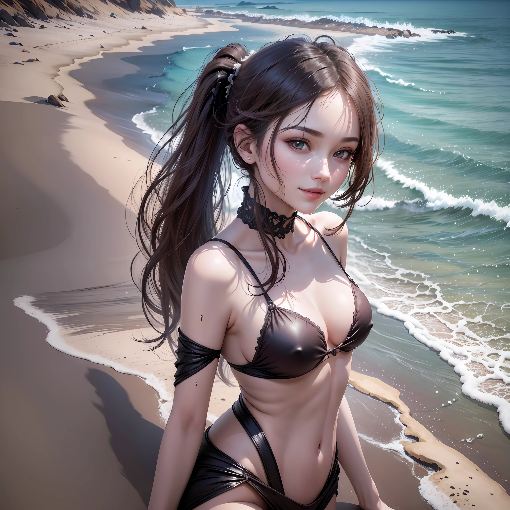 (8k, RAW photo, photorealisyic1.25),(best quality, masterpiece, exquisite, beautiful, high quality, ultra detailed, ultra high res, realistic photo)
(Masterpiece: 1.5), (Best Quality: 1.5), High Resolution, High Detail, 1 Girl, Solo, Skin Highlight, Sharpen, Clear, straight hair, ponytail, dark colored hair, pale skin, smile, beach,black lingery.