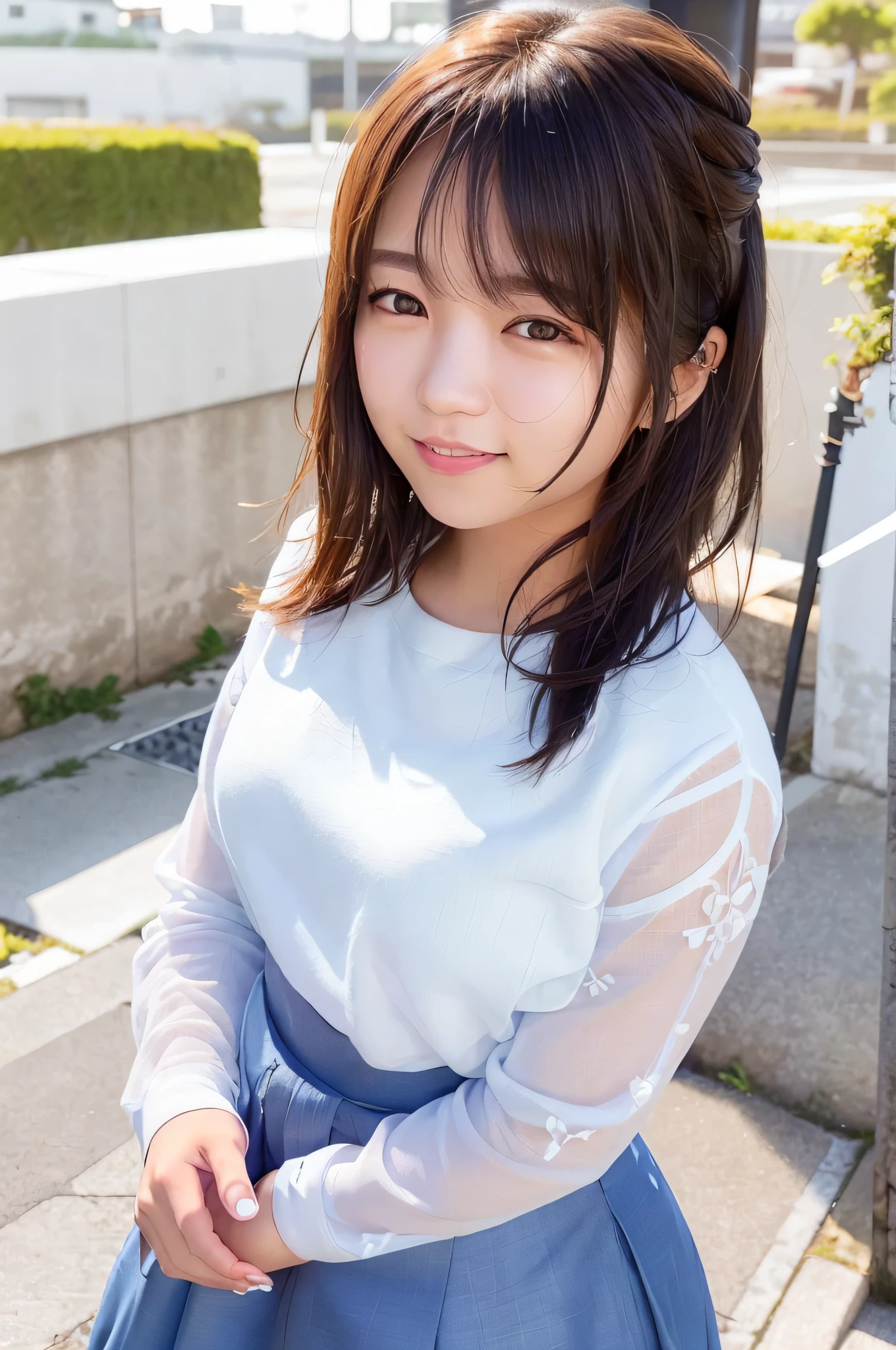 (Skin Blemishes: 1.2), (Skin Dent), Black Eyes, 1 Woman, 25 years old, ((((Female))), Solo, Realistic, Best Quality, Photorealistic, Masterpiece, 8K, High Resolution, Solo, Highly Detailed Face, (Pro Lighting, Bokeh), (Light Particles, Lens Flare, Luminous Particles: 0.6), (Dynamic Pose: 1.2), Soft Lighting, Top View Angle, Fashionable and trendy atmosphere, Japan, street, Tokyo, ((daytime)), sky, ((viewer's point of view: 1)), (camera perspective), (portrait: 0.6), cowboy shot, gorgeous, standing figure, maintain original facial proportions, wide shoulders, full body, (small breasts), (medium hair), brown hair, floating hair, lips, lipstick, seductive smile, floating hair, smile, open mouth, teeth, eyelashes , moles, (moles under the eyes: 1),