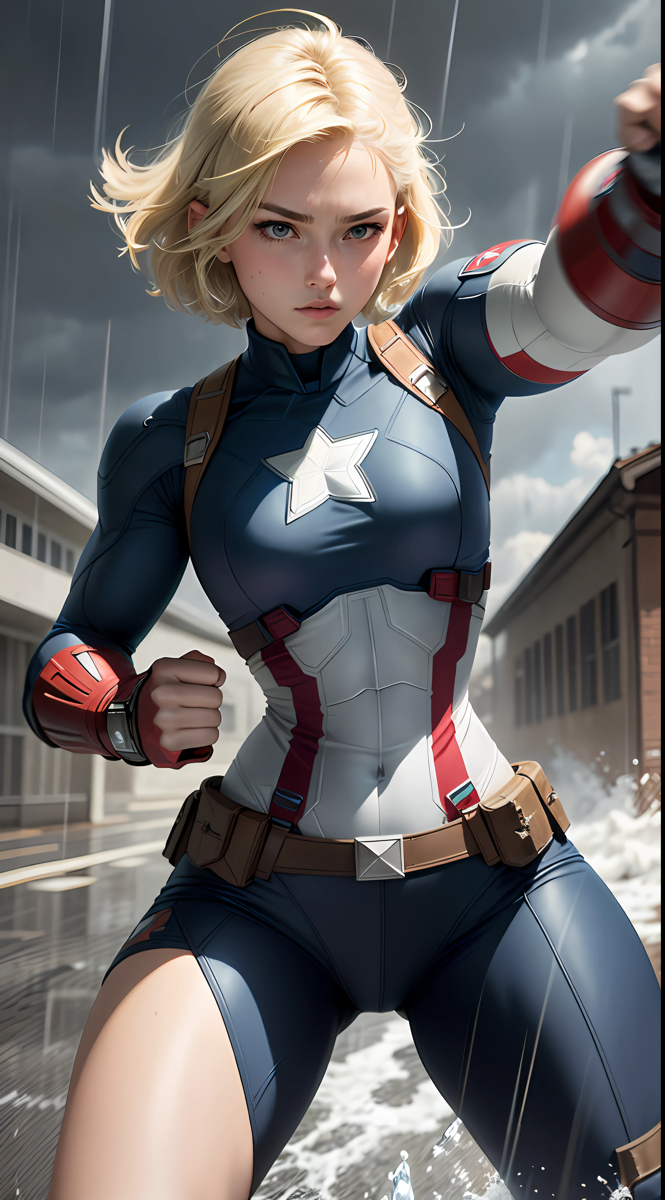 18-year-old girl, upper body, close-up, Captain America suit, long pants, (((short hair)), blonde hair, beautiful face, fighting stance, rain, roof, masterpiece, exquisite details, perfect anatomy