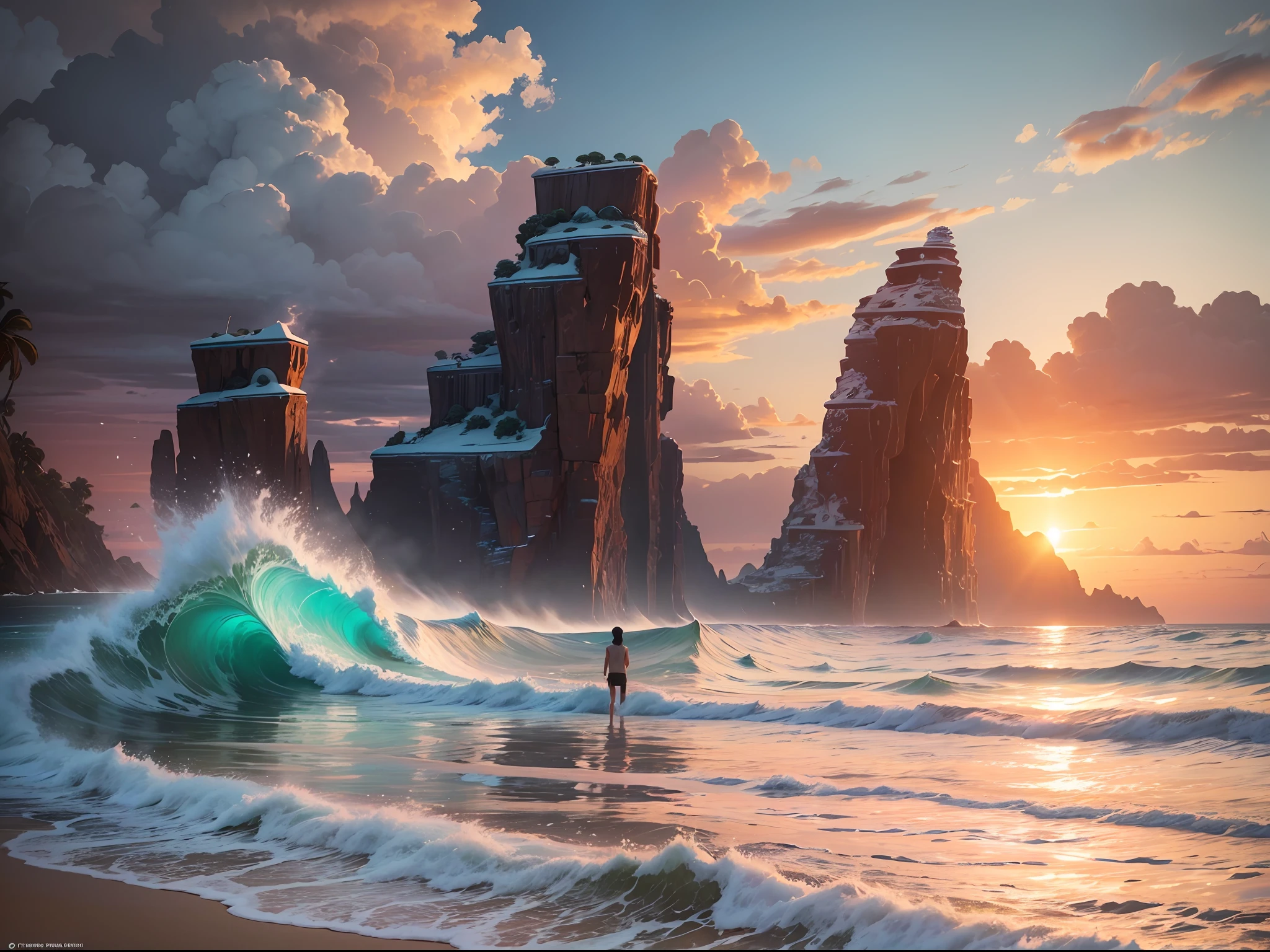 A tropical island at sunset, with a couple watching the waves crash on the shore, anime ambient occlusion --auto --s2