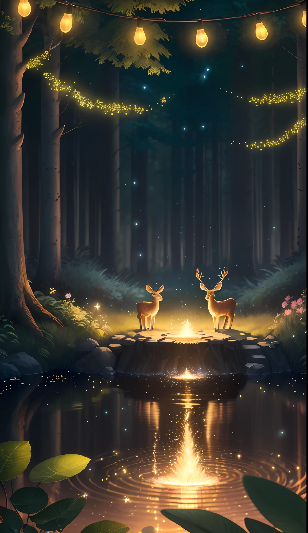 Masterpiece, best quality, (very detailed CG unity 8k wallpaper), (best quality), (best illustration), (best shadows), glow sprite, with a glowing deer, in the swimming pool Drinking water, natural elements in the forest theme. Mysterious forest, beautiful forest, nature, surrounded by flowers, delicate leaves and branches surrounded by fireflies (natural elements), (jungle theme), (leaves), (twigs), (fireflies), (particle effects) etc. 3D , Octane rendering, ray tracing, super detailed