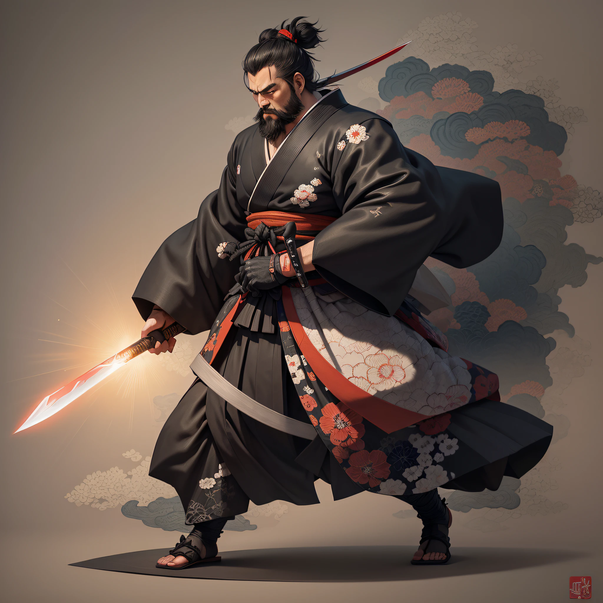 It is a full-body painting with natural colors in the style of ukiyo-e. Miyamoto Musashi is a Japan samurai with a large body like a strongman. He has a rough face, short black hair, and a short, trimmed beard. He is a righteous samurai who fights evil. He wears a black kimono. The hakama should be a little longer and draw in a flowing shape that flutters in the wind. He holds a sword in his right hand with flames coming out of his Japan sword. The background is a swirling flame in Katsushika Hokusai style. Masterpiece high-resolution ukiyo-e style, with the highest quality --auto --s2