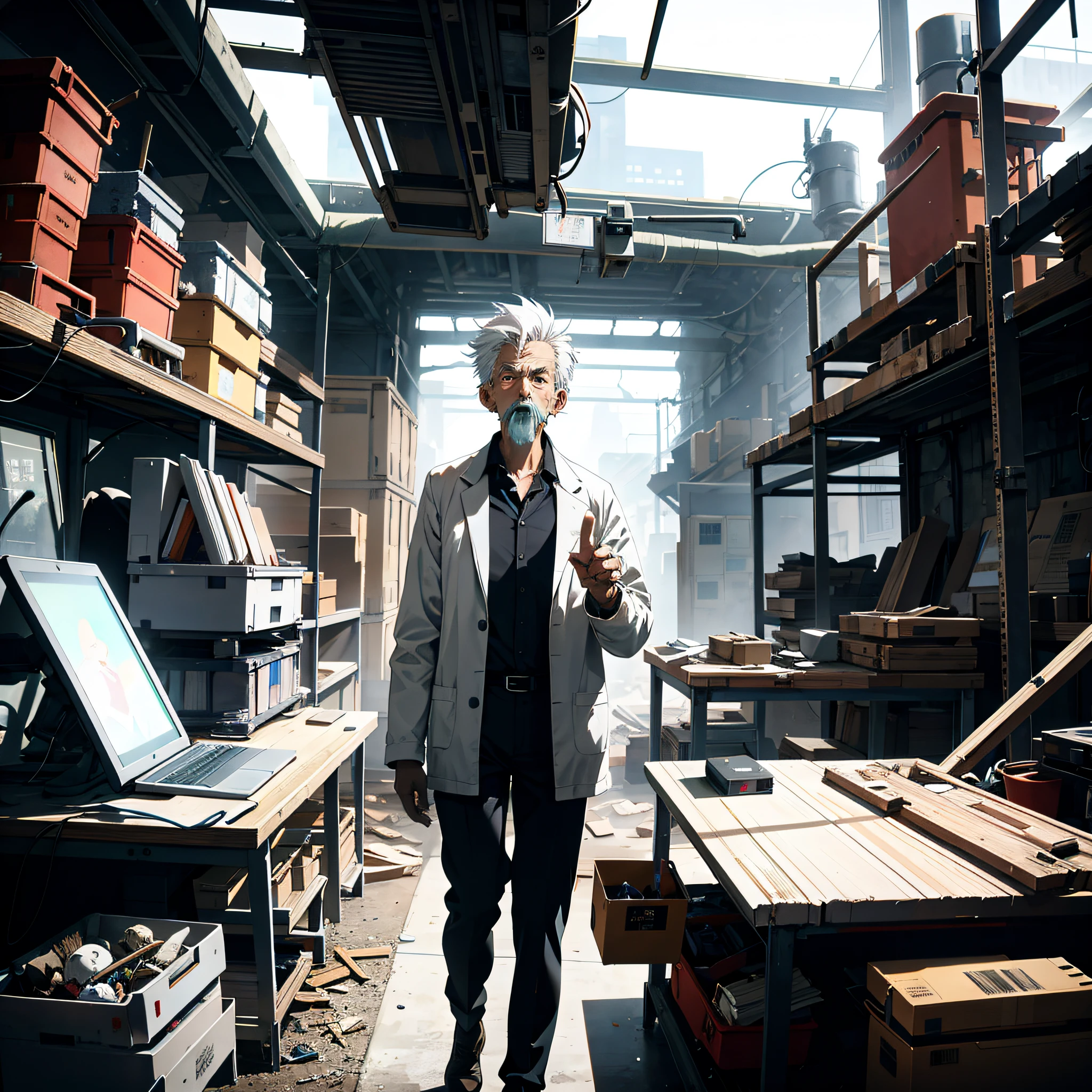 Inside the abandoned factory, high-tech workbenches, technology-sense screens, technological robotic arms, an old man with short white hair (1.3) dressed as a scientist, with a shocked and surprised expression, opened his mouth