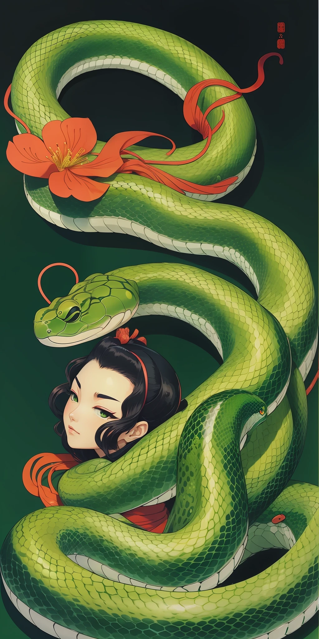 About Closekutimomao, (One Green Snake: 1.5), Katsushika Hokusai style, neon color