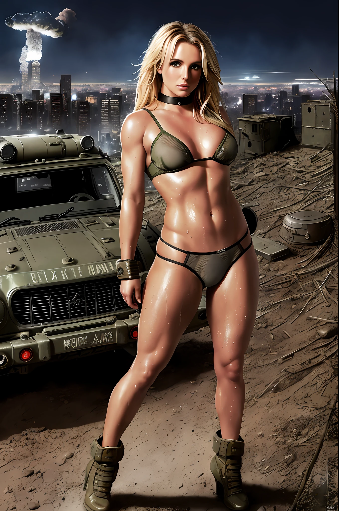 Britney Spears Armed RAW, Award-winning Glamour Photography of beautiful woman, small, fit, Goddess, hyper-detailed, camouflaged mesh lingerie, post-apocalyptic, nuclear Armageddon, cityscape background burning at night, sandy, dirt, mushroom cloud, perky breasts, swollen, erect, smaller breasts, chiselled abs, wet panties, camel's toe