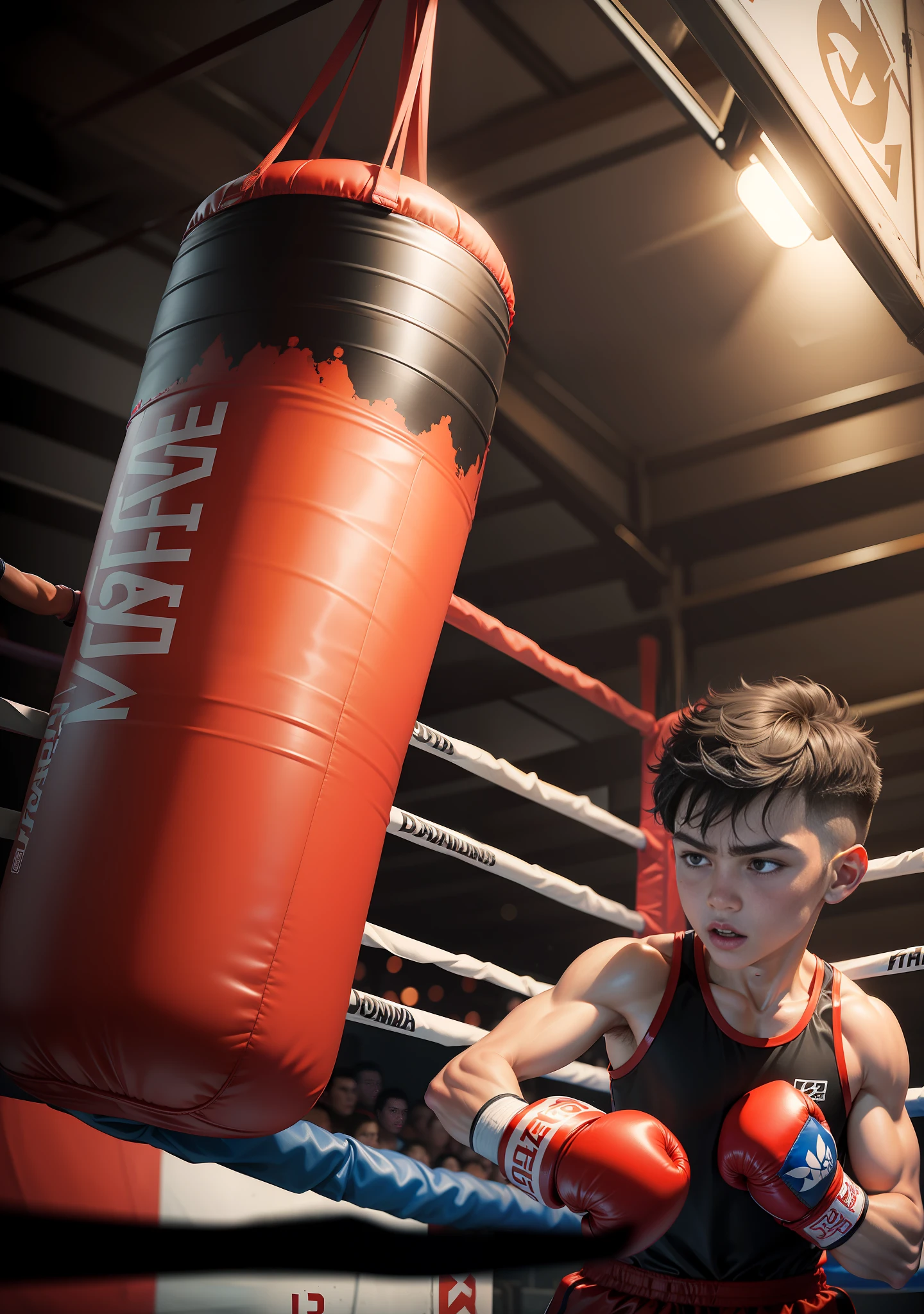 there is a BOY wearing a red boxing mask and a red boxing bag, punching in a bag, boxing, punching, in a boxing ring, kickboxing, fighting, boxing match, fight, boxing ring, knockout, boxing gloves, boxing clowns, sparring, drunk boxing, intense fighting, demon boxing hero, best in adobe stock, fights, boxer,  intense battle, inflatable --auto --s2