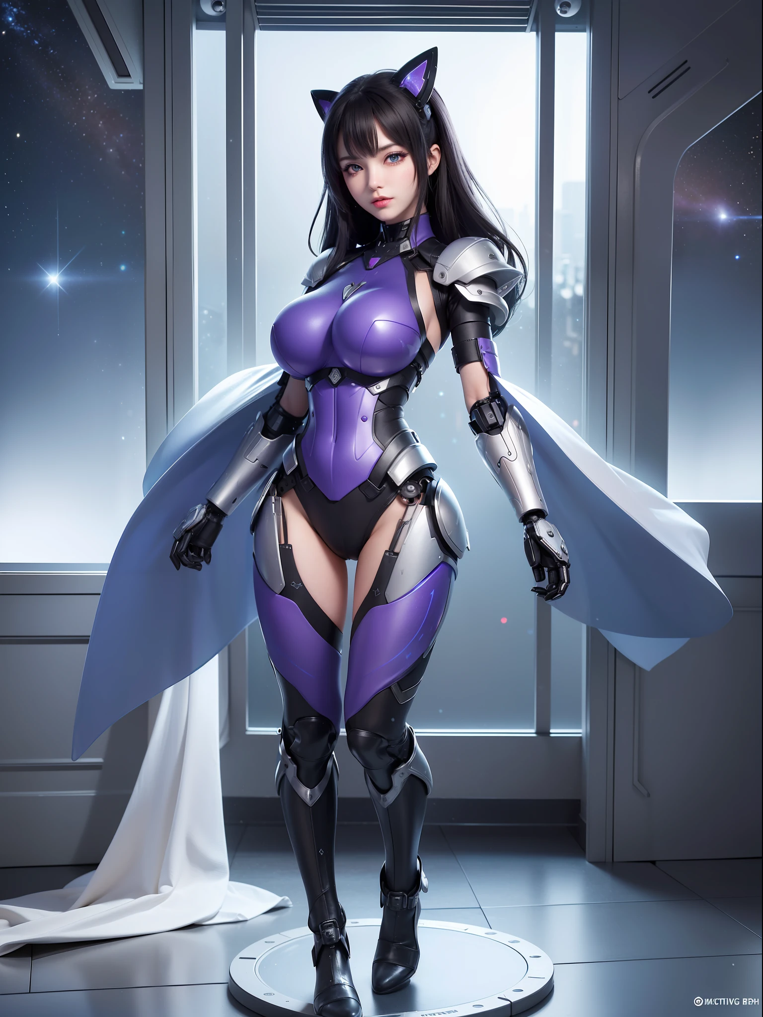 (full-body photo:1.5), (standing/looking at the viewer:1.5), (one/woman/mechanical:1.5), (extremely large breasts:1.5), (all mechanical body:1.5), (with bionic armor:1.5), white with black gears, (she is inside a spaceship near the window seeing outer space:1.5), (she has very short purple straight hair:1.3), (blue eyes:1.3),  (groaning:1.5), (blush:1.5), (erotic pose/exhibitionist pose:1.5), (anime style, Anime, 16k, high quality, textured leather, UHD, award-winning)