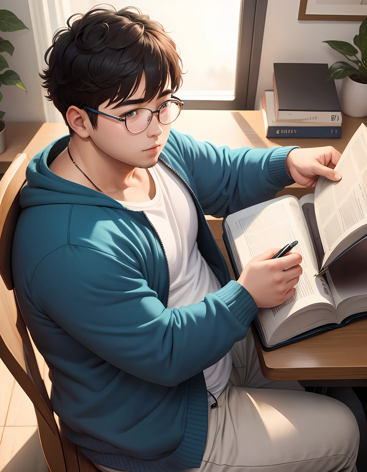 1 Men, anime, studying at home, short hair, chubby, strong, sitting, pen in right hand, open book on the table.