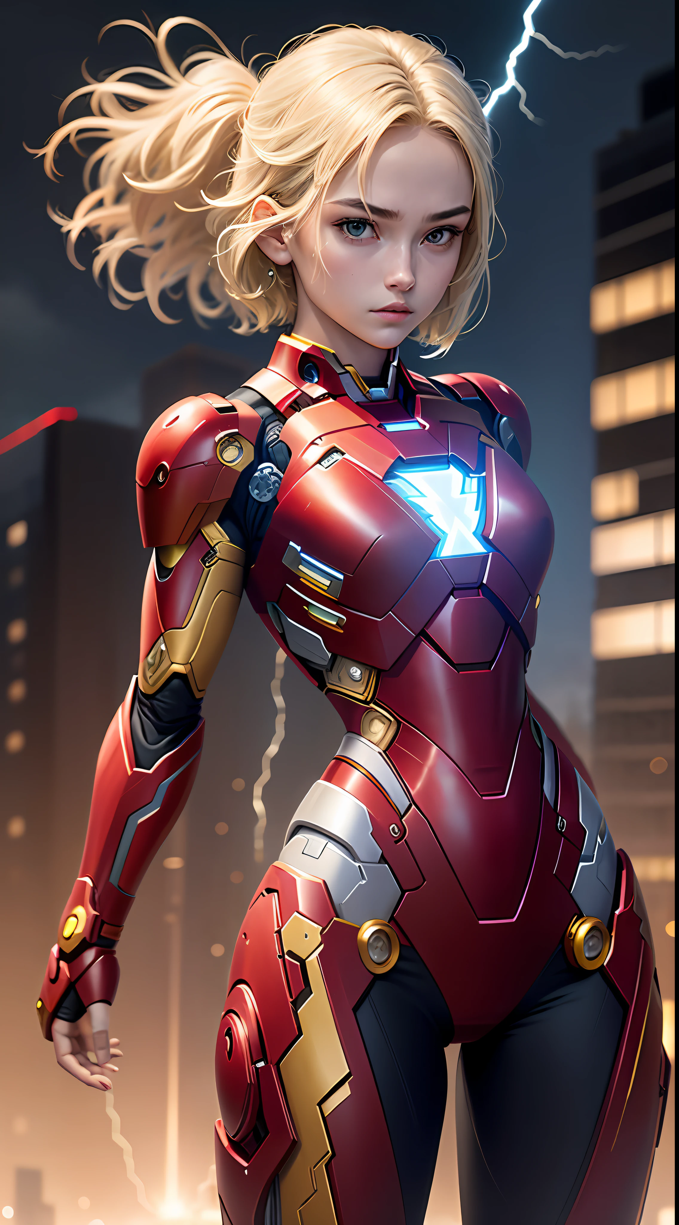 18-year-old girl, upper body, close-up, iron man suit, long pants, ((((short hair))), blonde hair, beautiful face, fighting stance, lightning, city of night, masterpiece, exquisite details, perfect anatomy