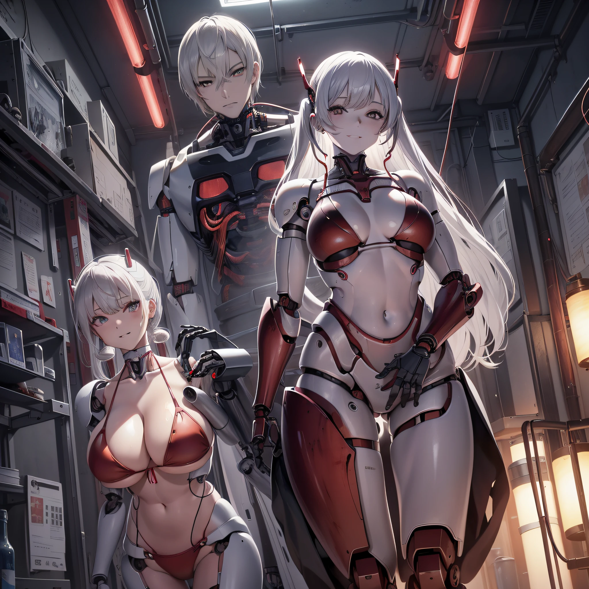 Beautiful Face,face is Japan, 1 Woman, Big, Curvaceous,(8k, RAW photo, top quality, masterpiece: 1.2)(Realistic, Photorealistic: 1.37) ( vessel attached to tube)((((Bikini Cyborg robot parts)))), (Light gray hair), Long hair, Wavy hair, Twin tails, Medium shot, ((Seductive smile) ), (Black Eyes), Hime Cut,From Below,(whole body),posing,,Inside the lab,( Bloodel connected to a tube),((Mechanical vertebrae attached to the back)),((Mechanical neck attached to the neck)),(Wire and cable attached to the head and body),(Character Focus),Science Fiction,