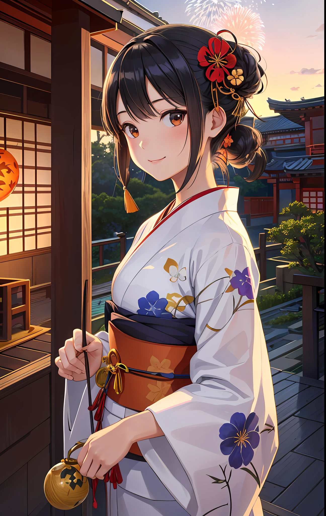 Top quality, intricate details, 1girl, subaru_kimono, (pretty girl, yukata, morning glory pattern, black hair), ((fireworks sky)),(wind chimes,goldfish,bubbles),hair bow, hair flowers, garden, summer, (((outdoor)), (East Asian architecture: 0.6), backlit, diffused lighting, smiles, traditional Japan Japanese atmosphere: 1.2),(sunset: 1.1))