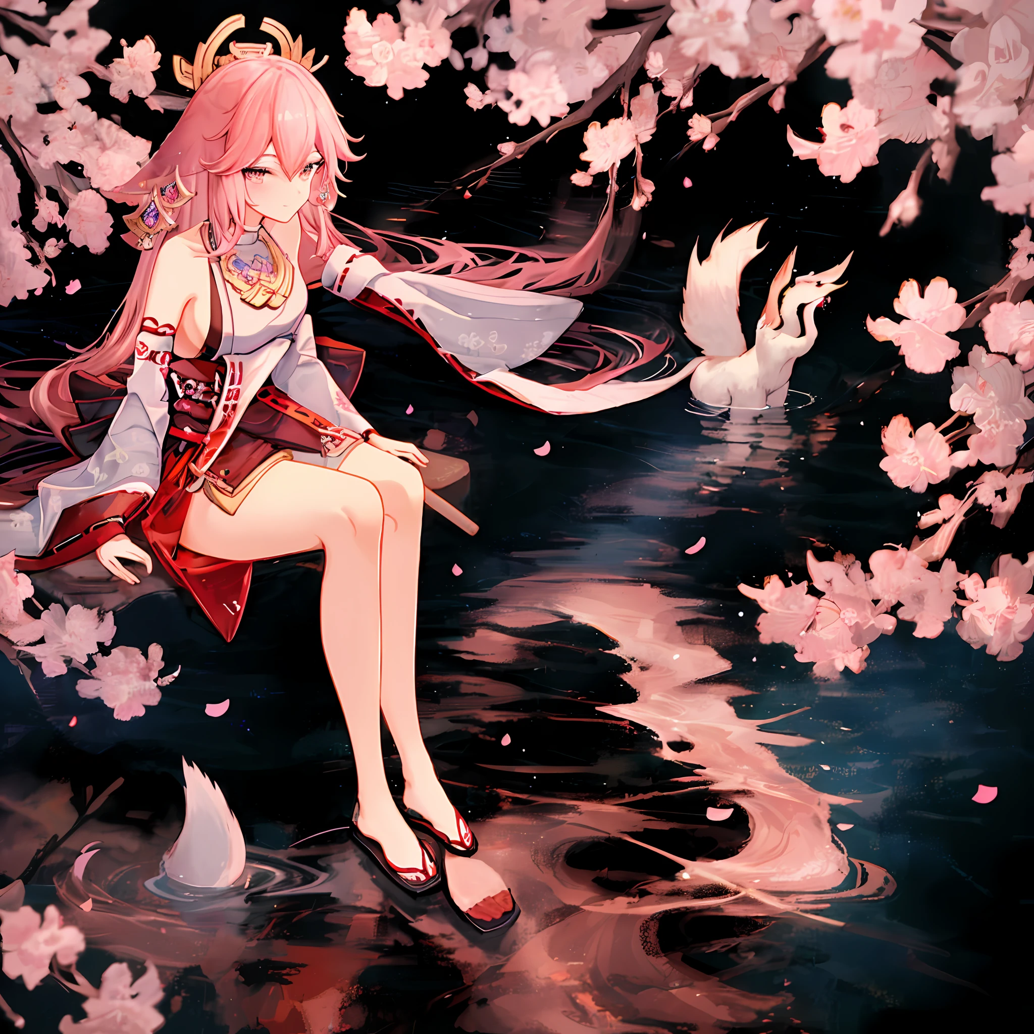 High quality, 4k, rich details, Japanese style painting, 1girl dominant, kimono bare-shouldered beauty, perfect display of thighs and cleavage, Yae Miko style, shrine at night, hand bouquet wine, fox eartail and collarbone, long hair shawl emanated, soft pink long hair, sexy side breasts and nine fox tails, lying still on the water, cherry blossoms falling, seductive smile, hey face, love pupils, half squint, light blush, saliva brushed
