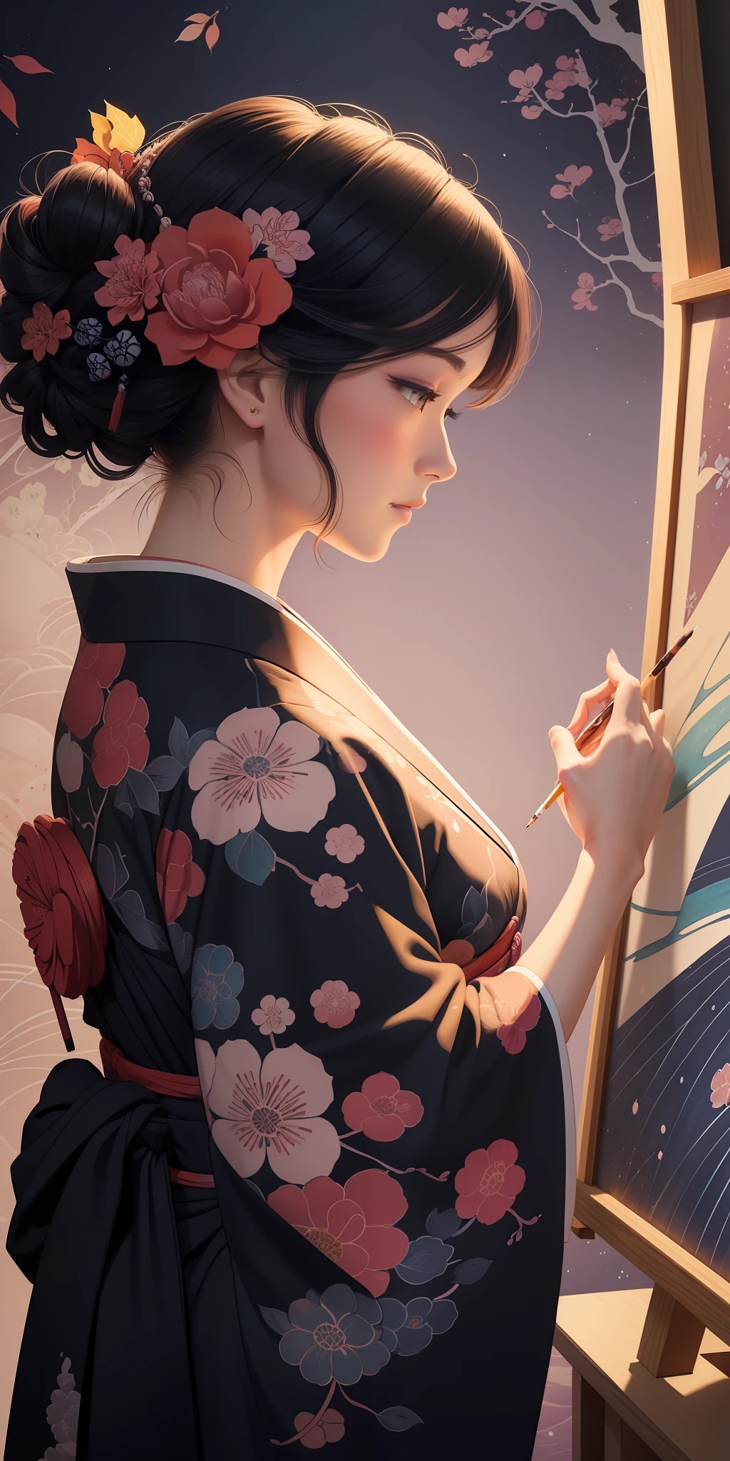 Close-up of a woman painting by Agnes Cecil, luminous design, pastel colors, ink drops, autumn lights), Katsushika Hokusai style, neon color
