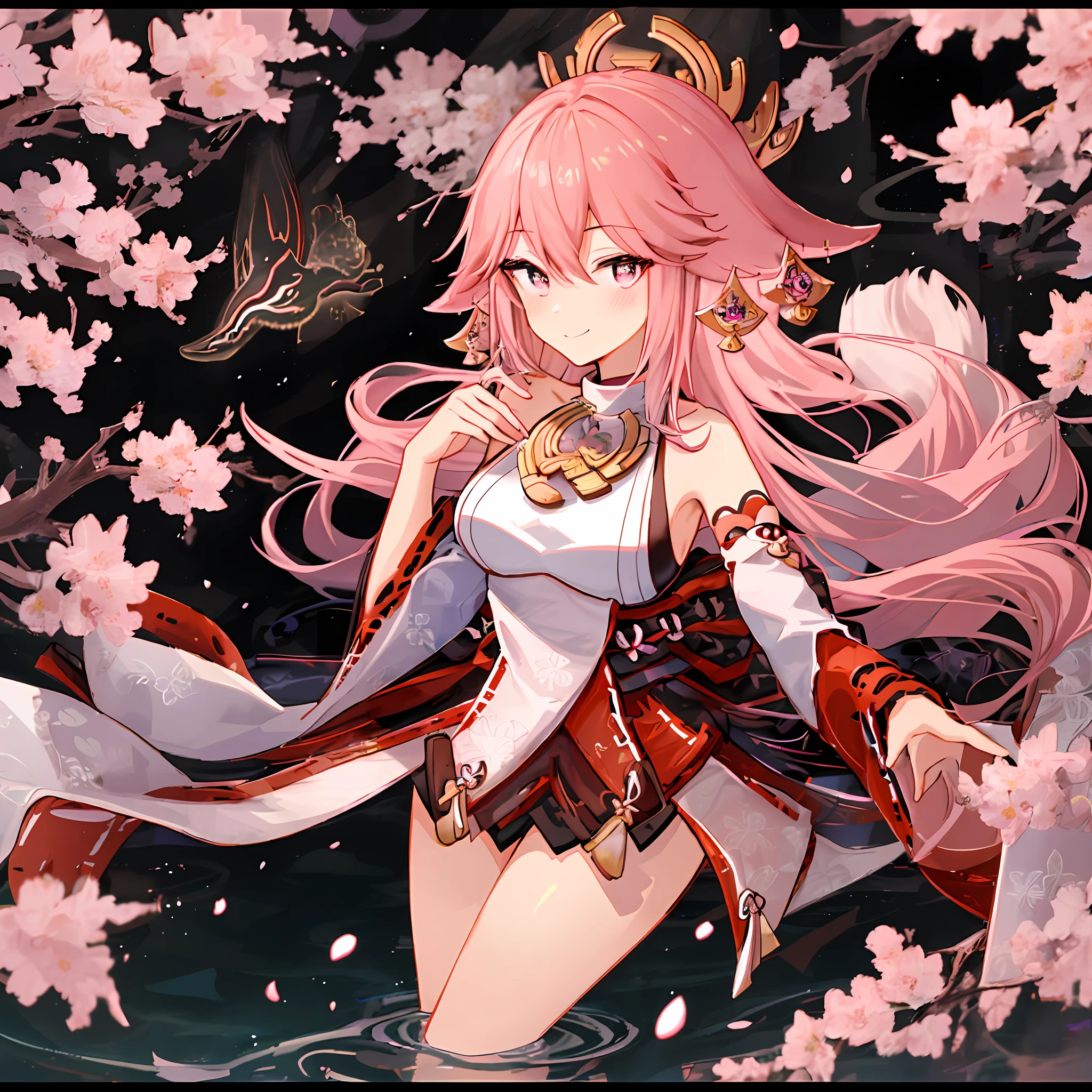 High quality, 4k, rich details, Japanese style painting, 1girl dominant, kimono bare-shouldered beauty, perfect display of thighs and cleavage, Yae Miko style, shrine at night, hand bouquet wine, fox eartail and collarbone, long hair shawl emanated, soft pink long hair, sexy side breasts and nine fox tails, lying still on the water, cherry blossoms falling, seductive smile, hey face, love pupils, half squint, light blush, saliva brushed