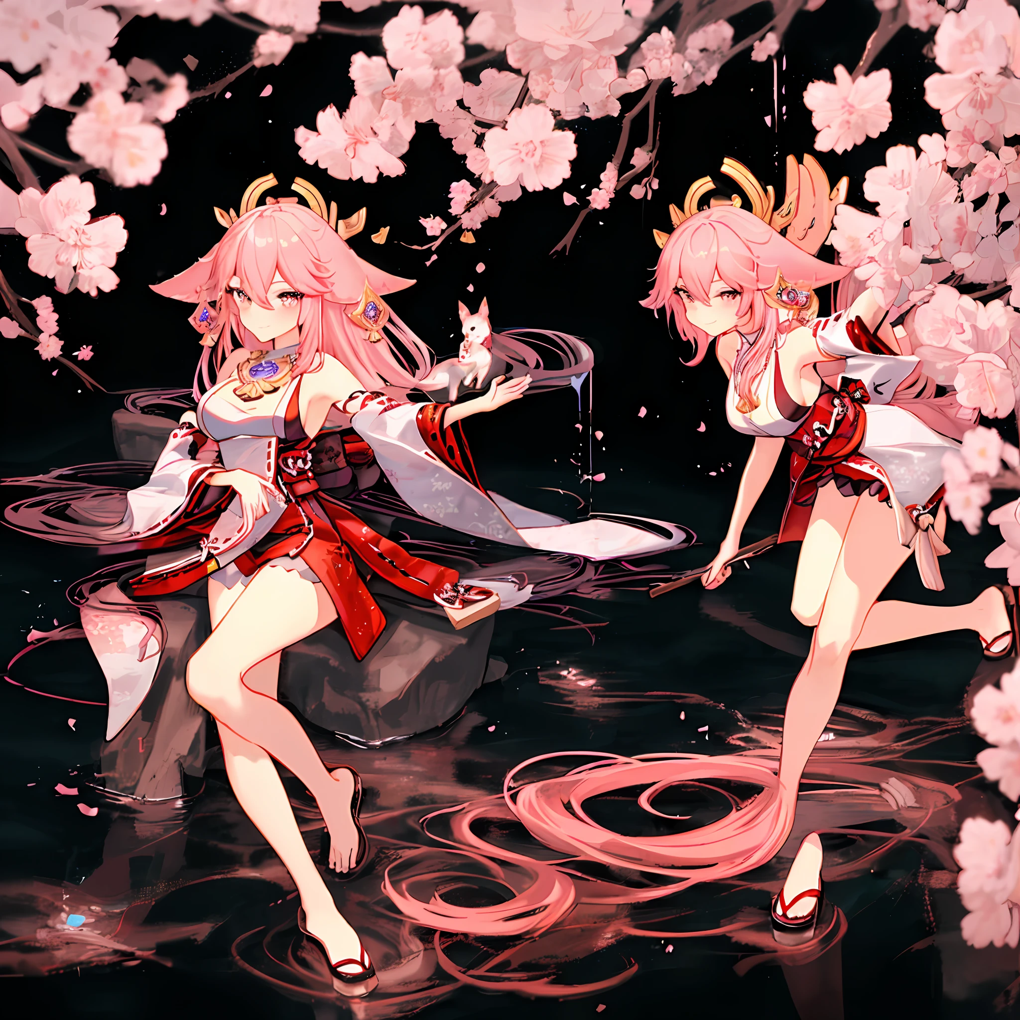 High quality, 4k, rich details, Japanese style painting, 1girl dominant, kimono bare-shouldered beauty, perfect display of thighs and cleavage, Yae Miko style, shrine at night, hand bouquet wine, fox eartail and collarbone, long hair shawl emanated, soft pink long hair, sexy side breasts and nine fox tails, lying still on the water, cherry blossoms falling, seductive smile, hey face, love pupils, half squint, light blush, saliva brushed