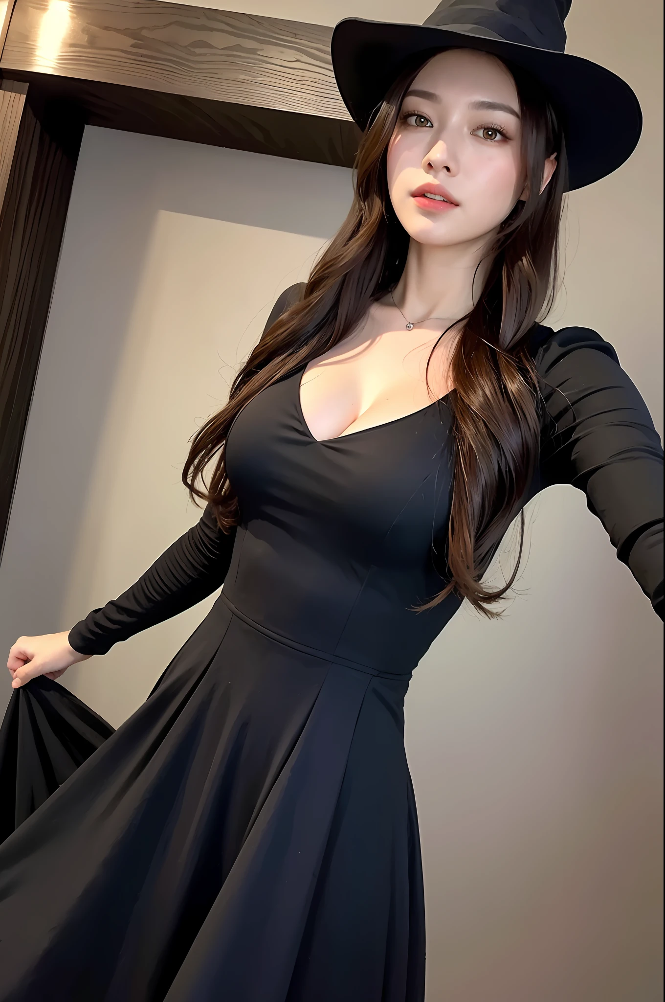 ((Cinematic light, Best quality, 8k, Masterpiece: 1.3)), Selfie, 1girl, Beautiful woman with slender abdomen: 1.4, (Brown hair, Huge breasts: 1.1), Black dress: 1.2, witch's house, Ultra detailed face, Detailed eyes, Double eyelid, Witch's hat, Witch's cosplay