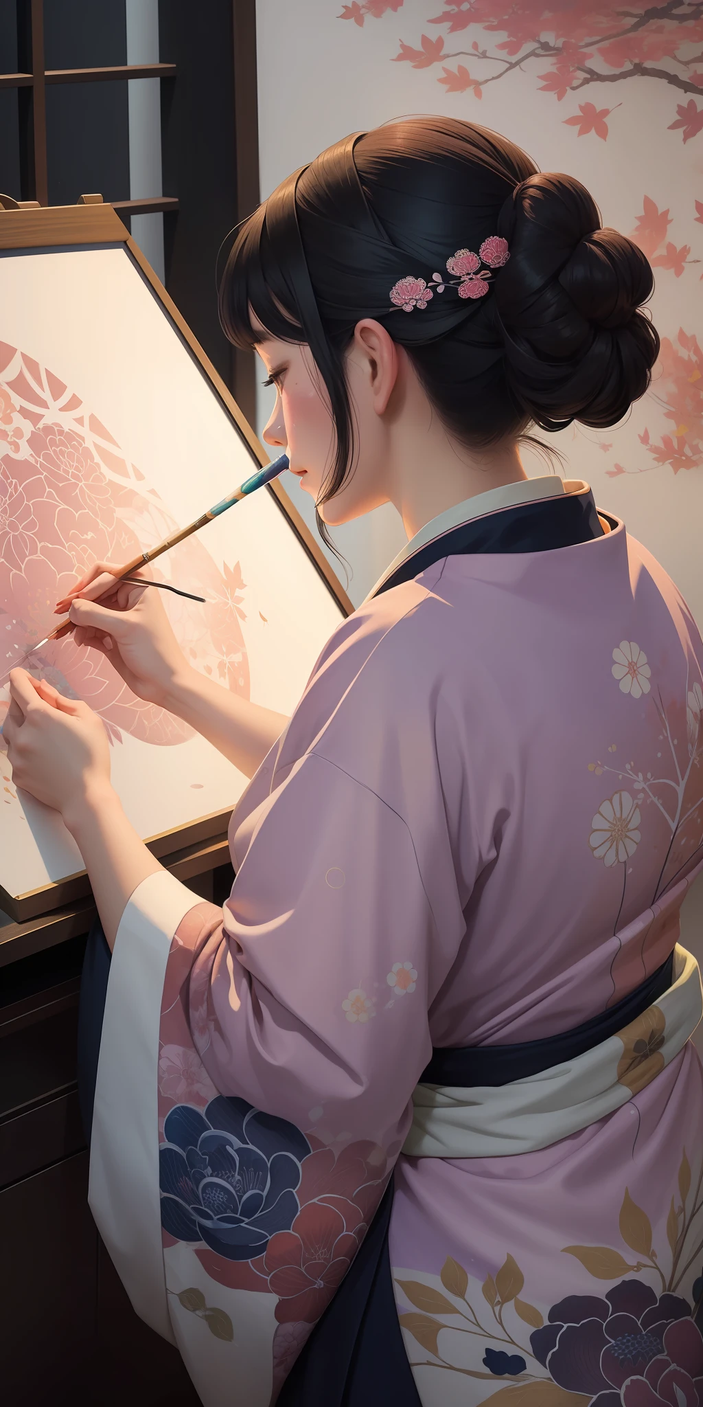 Close-up of a woman painting by Agnes Cecil, luminous design, pastel colors, ink drops, autumn lights), Katsushika Hokusai style,