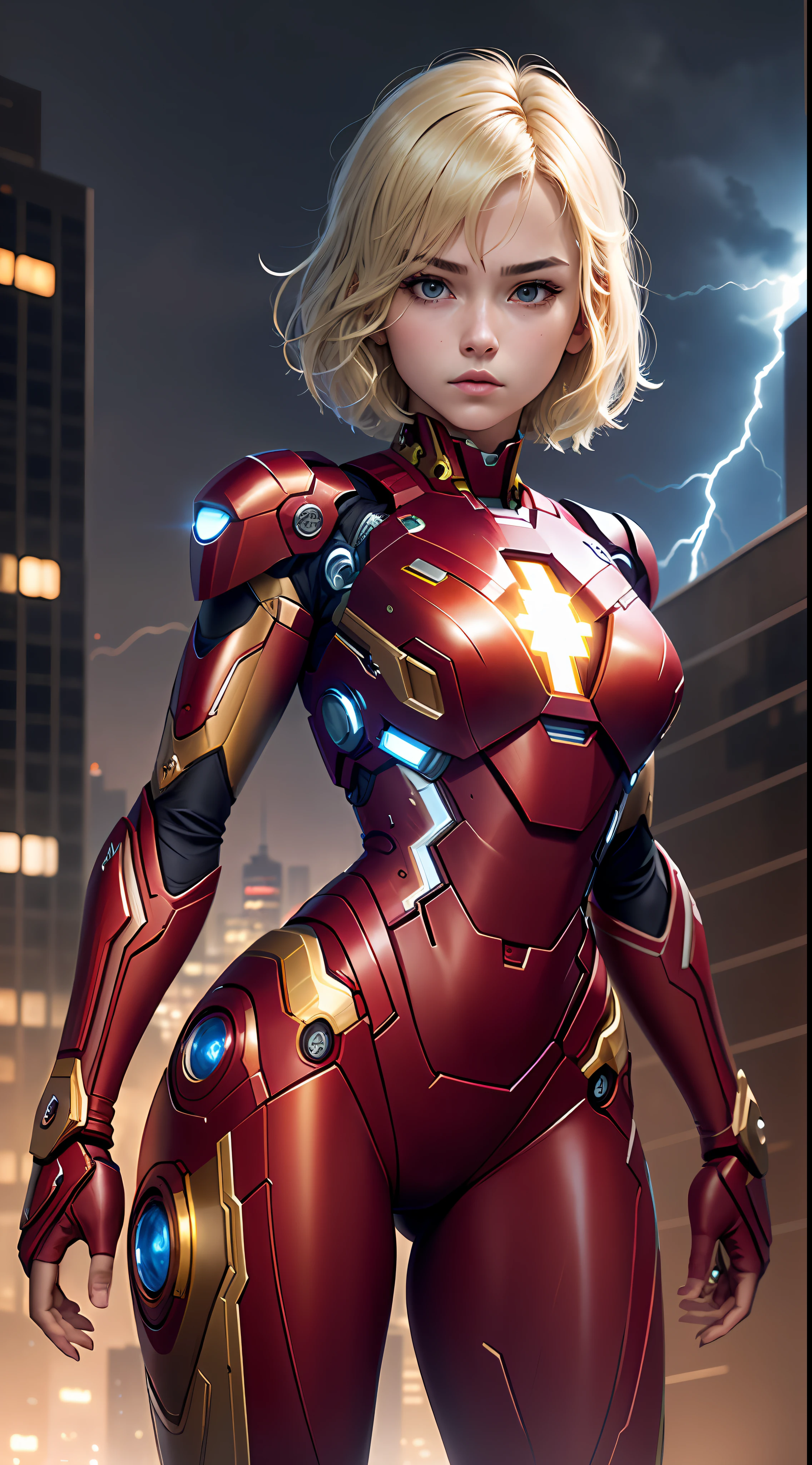 18-year-old girl, upper body, close-up, iron man suit, long pants, ((((short hair))), blonde hair, beautiful face, fighting stance, lightning, city of night, masterpiece, exquisite details, perfect anatomy