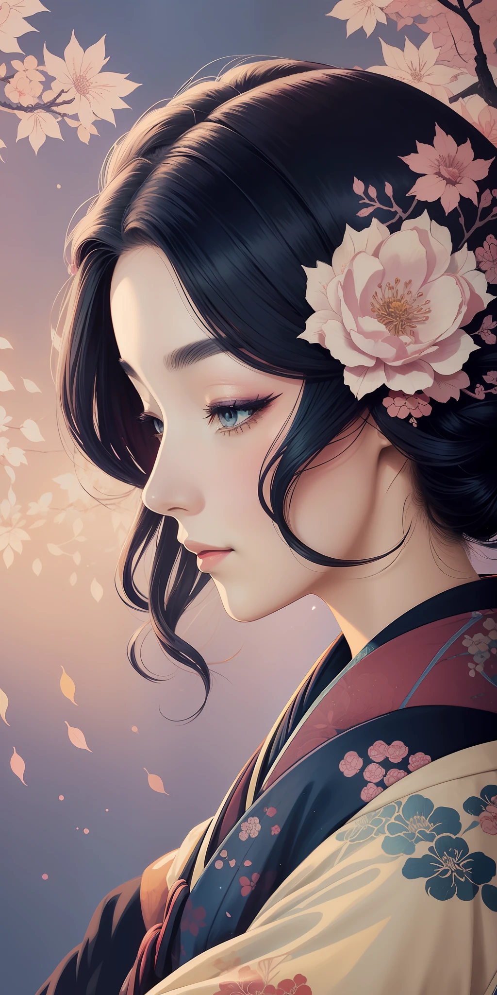 Close-up of a woman painting by Agnes Cecil, luminous design, pastel colors, ink drops, autumn lights), Katsushika Hokusai style,