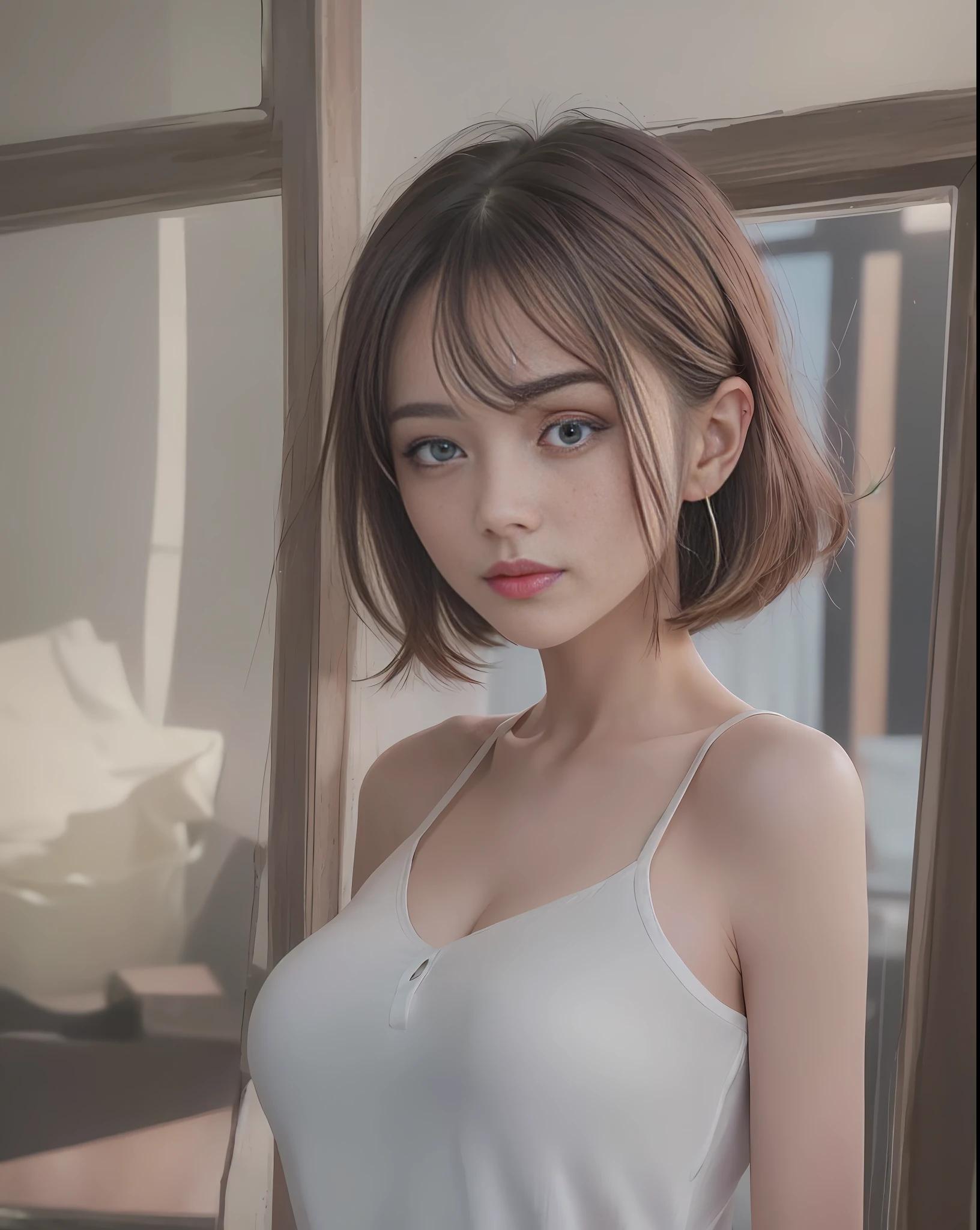 ((Best Quality, 8k, RAW Photo, Best Quality, Masterpiece: 1.3)), 1girl, Slim Abs Beauty: 1.3, (Casual hairstyle, No leaking big breasts: 1.2), Dress: 1.1, Super fine face, makeup, Delicate eyes, Double eyelids, smile, classroom